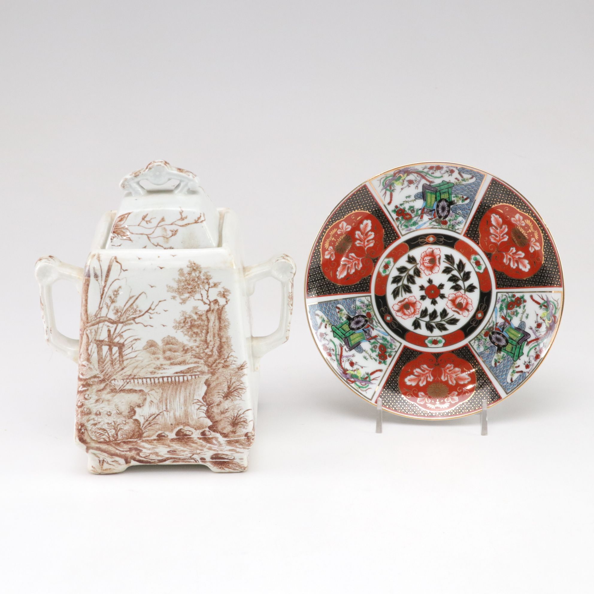 J.H. Davis Brown Transferware Ceramic Lidded Canister with Imari Plate