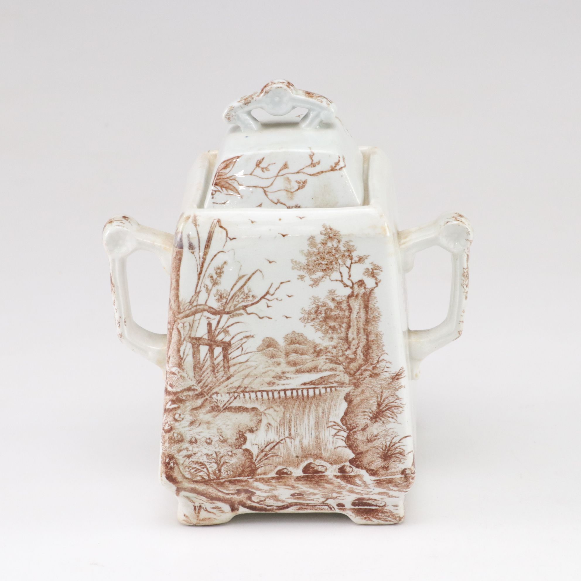 J.H. Davis Brown Transferware Ceramic Lidded Canister with Imari Plate