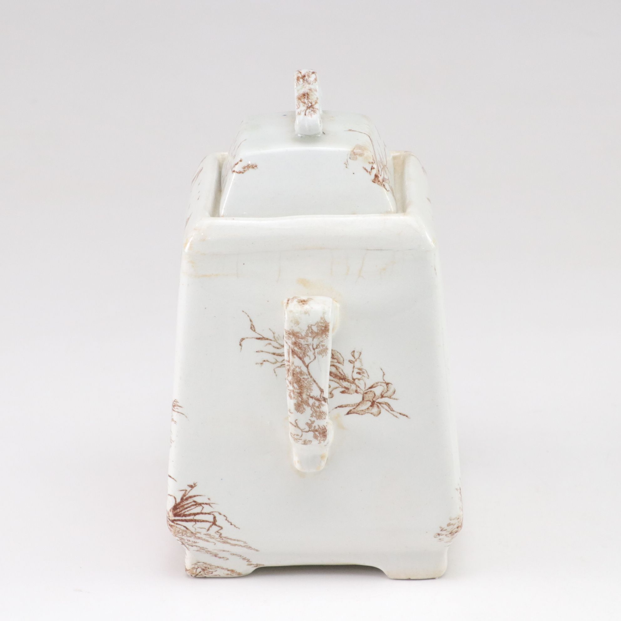 J.H. Davis Brown Transferware Ceramic Lidded Canister with Imari Plate