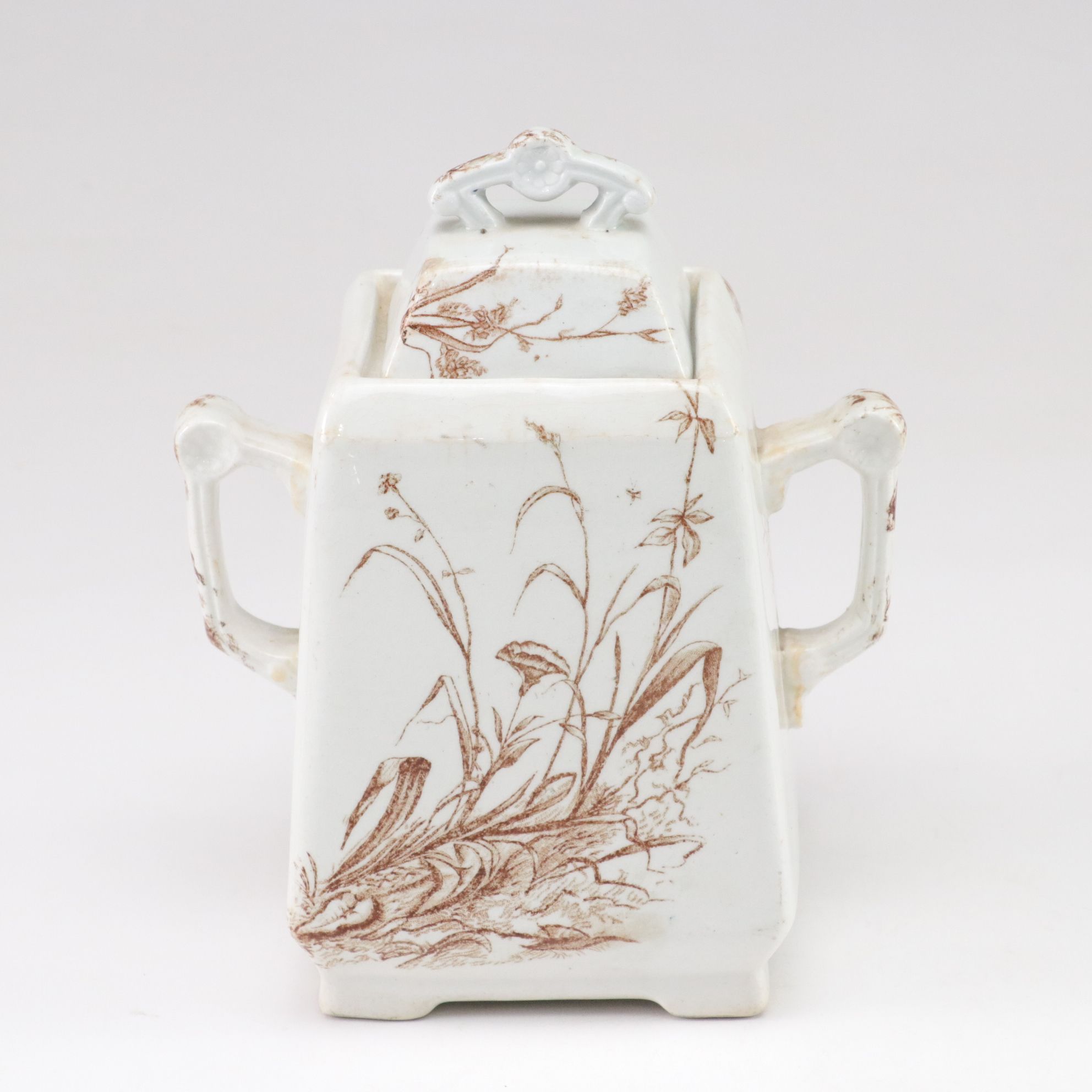 J.H. Davis Brown Transferware Ceramic Lidded Canister with Imari Plate
