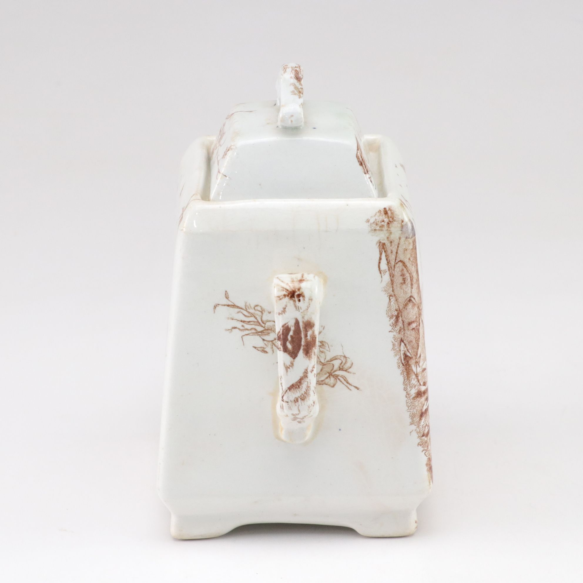 J.H. Davis Brown Transferware Ceramic Lidded Canister with Imari Plate