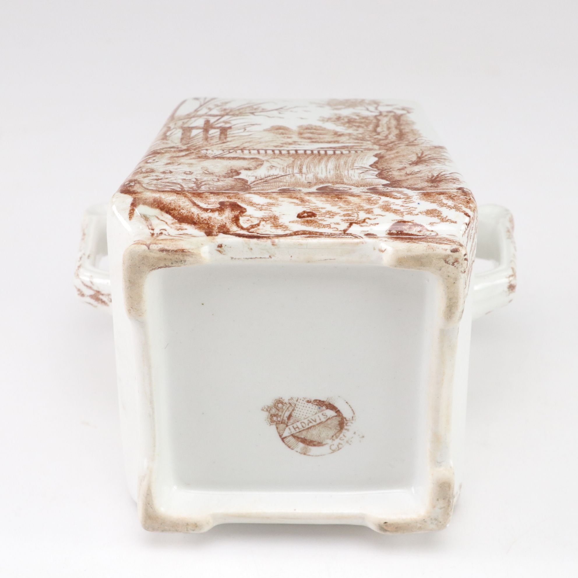 J.H. Davis Brown Transferware Ceramic Lidded Canister with Imari Plate