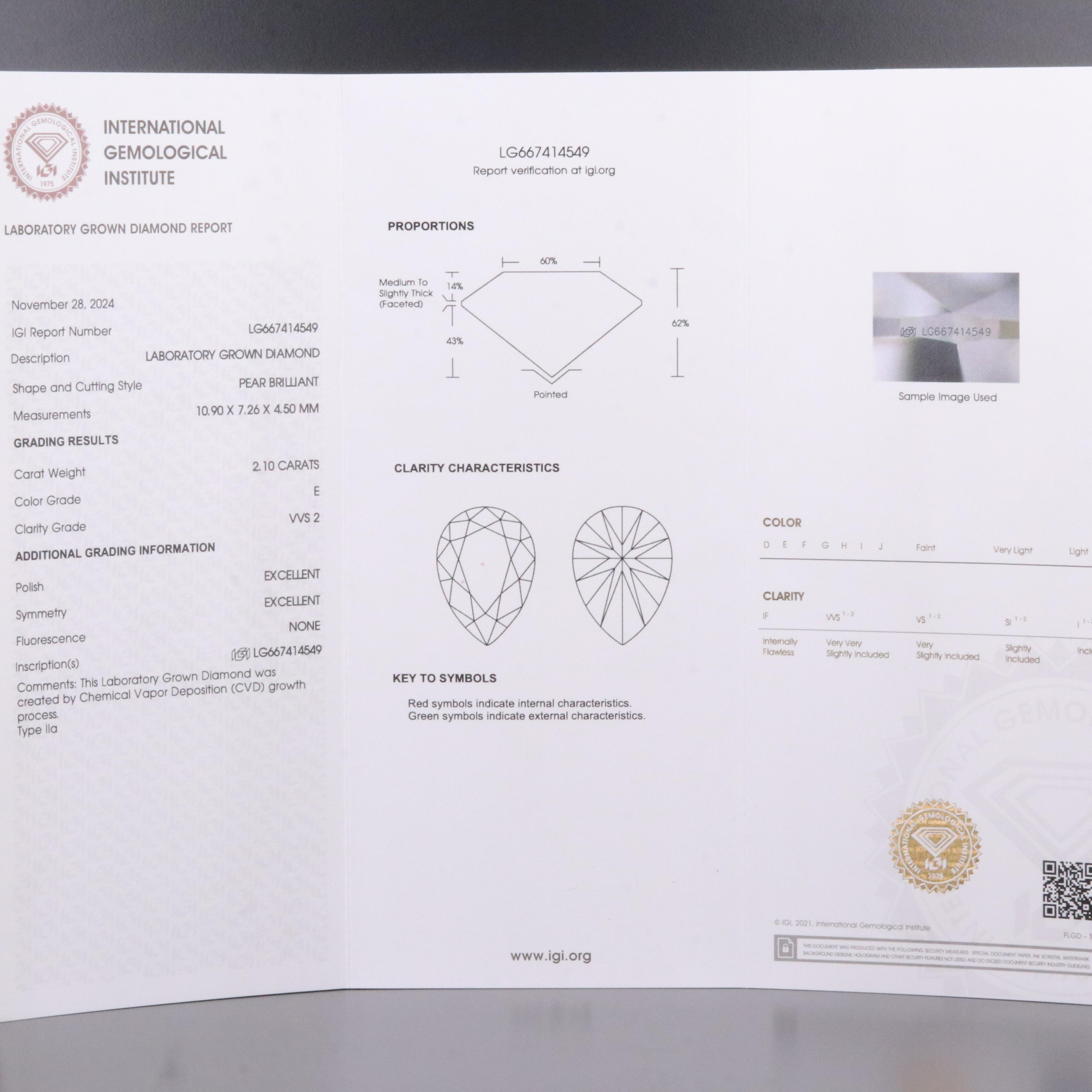 Loose 2.10 CT Lab Grown Diamond with IGI Report