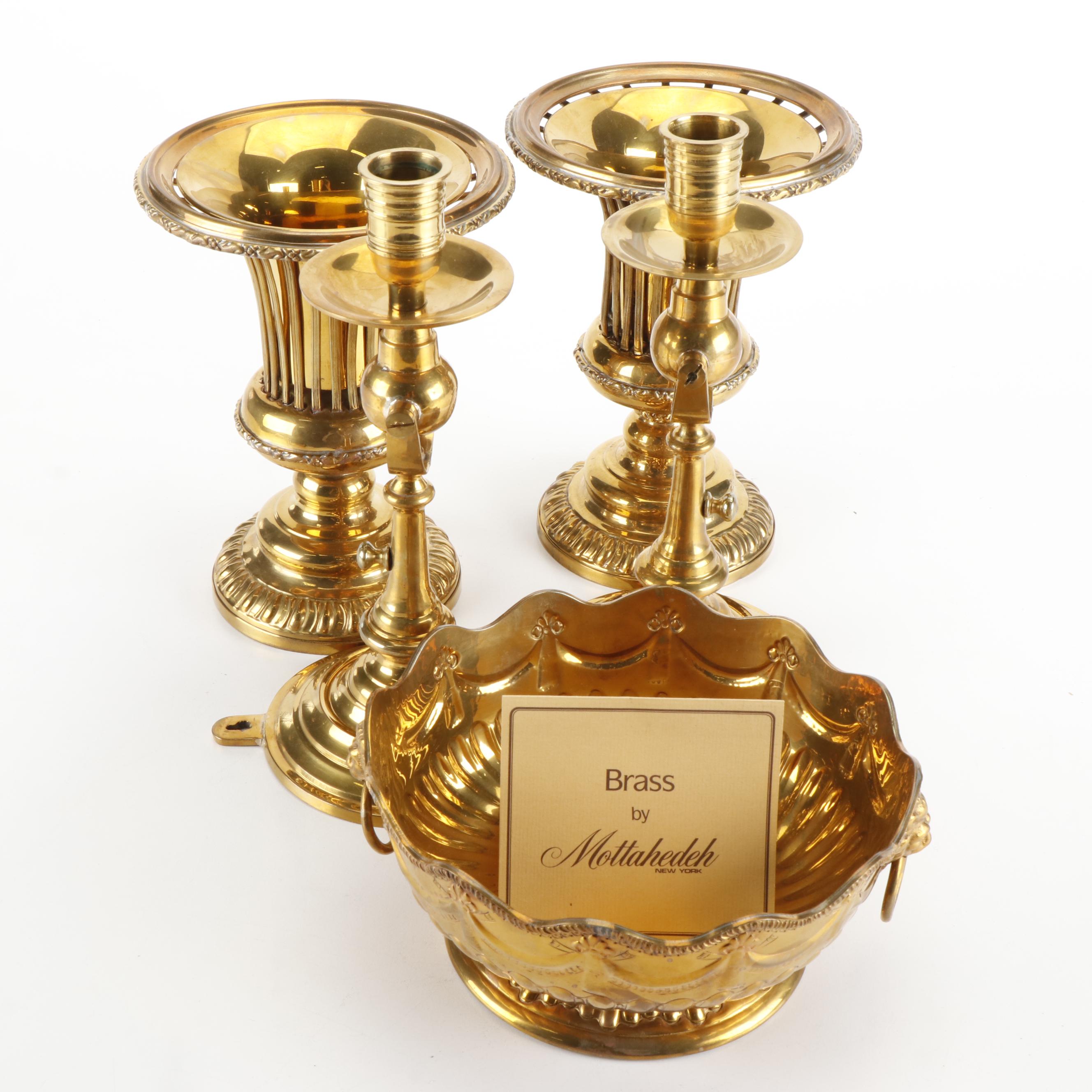 Pair of Mottahedeh Brass Ships Candlesticks with Other Brass Decor