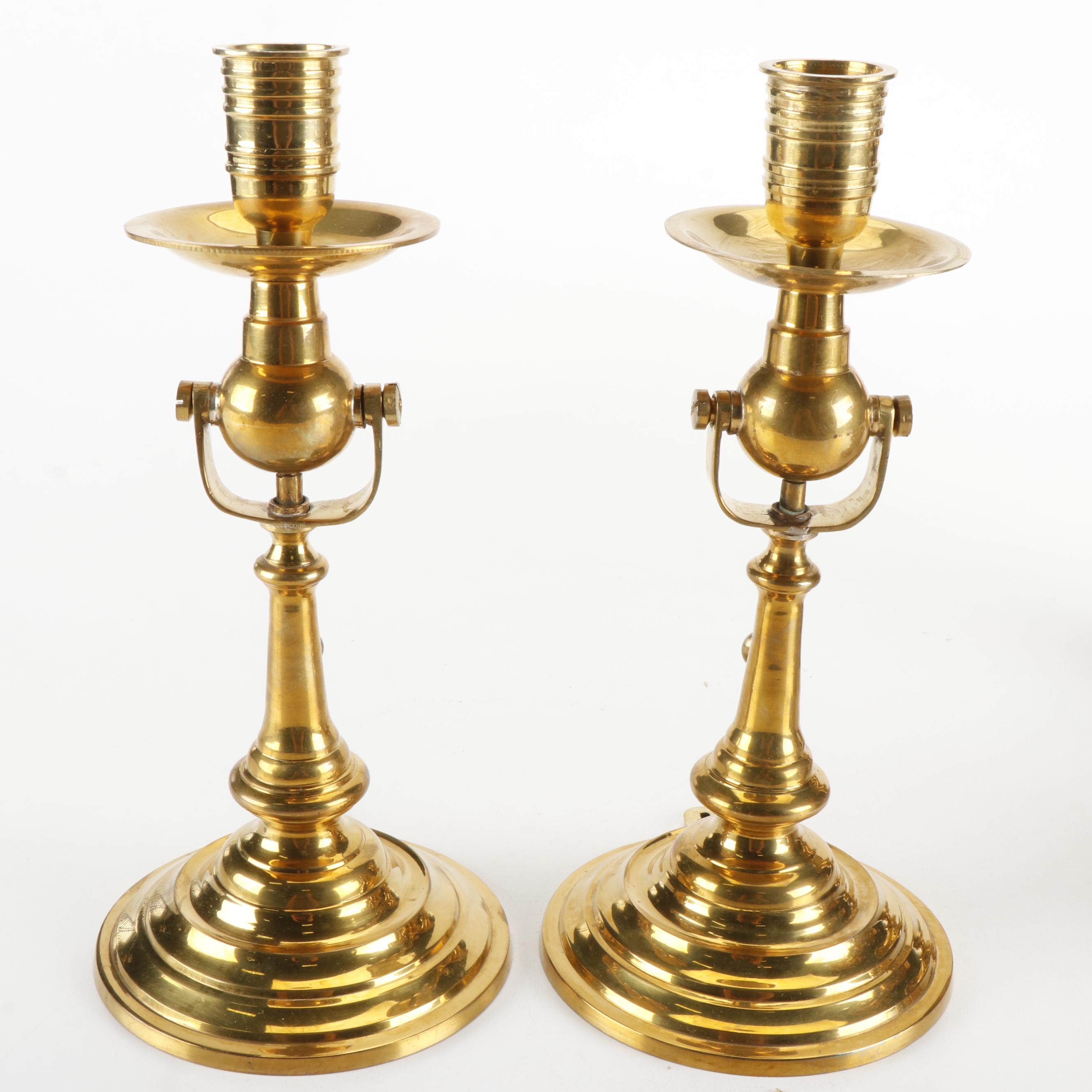 Pair of Mottahedeh Brass Ships Candlesticks with Other Brass Decor