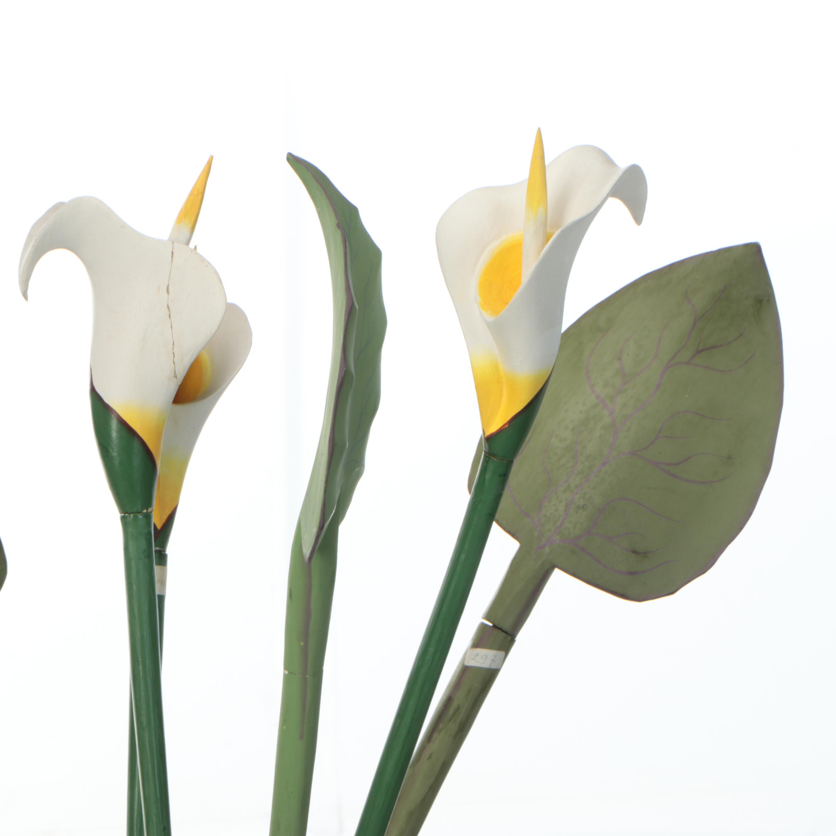 Polychrome Decorated Wood Calla Lilies and Leaves in Brass Vase