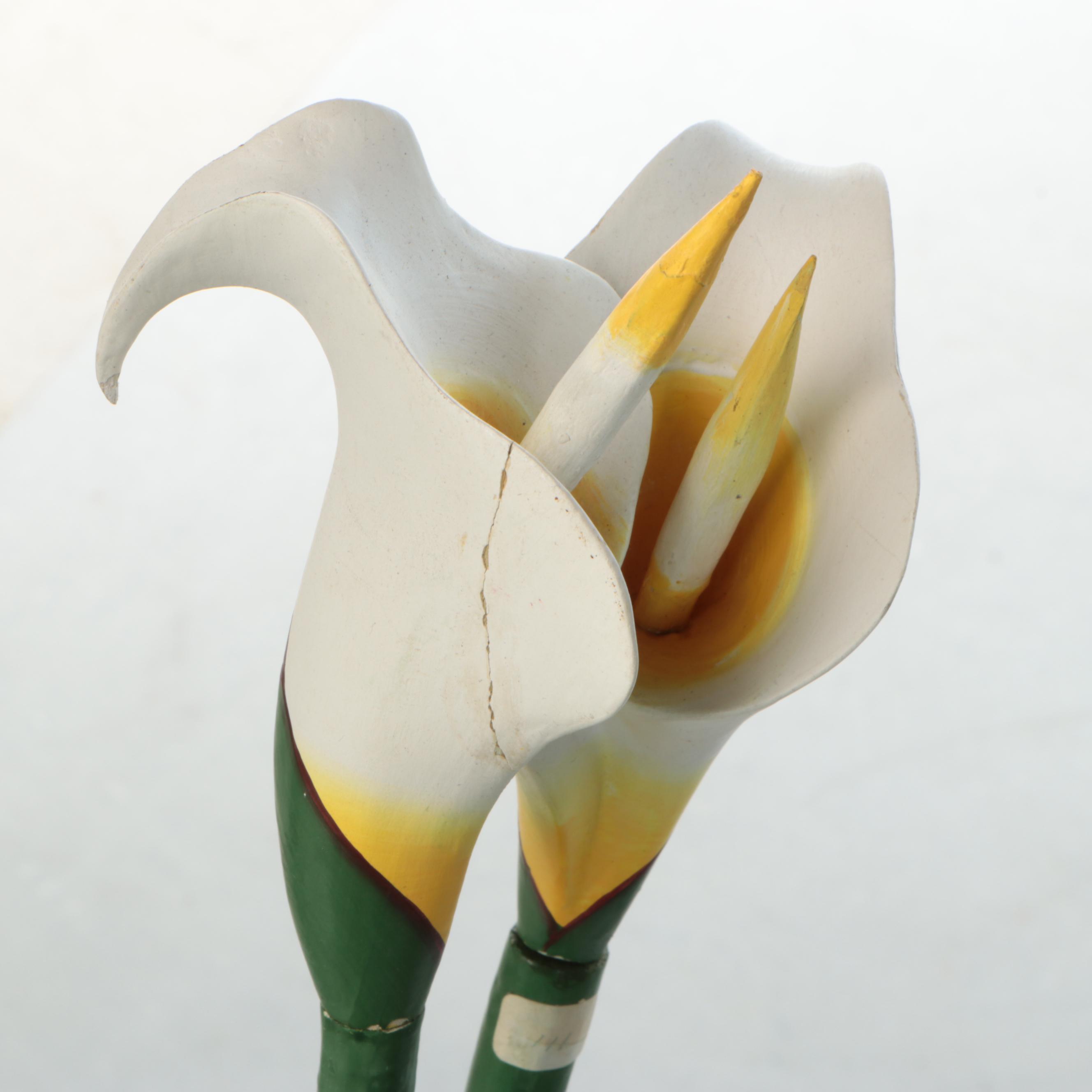 Polychrome Decorated Wood Calla Lilies and Leaves in Brass Vase