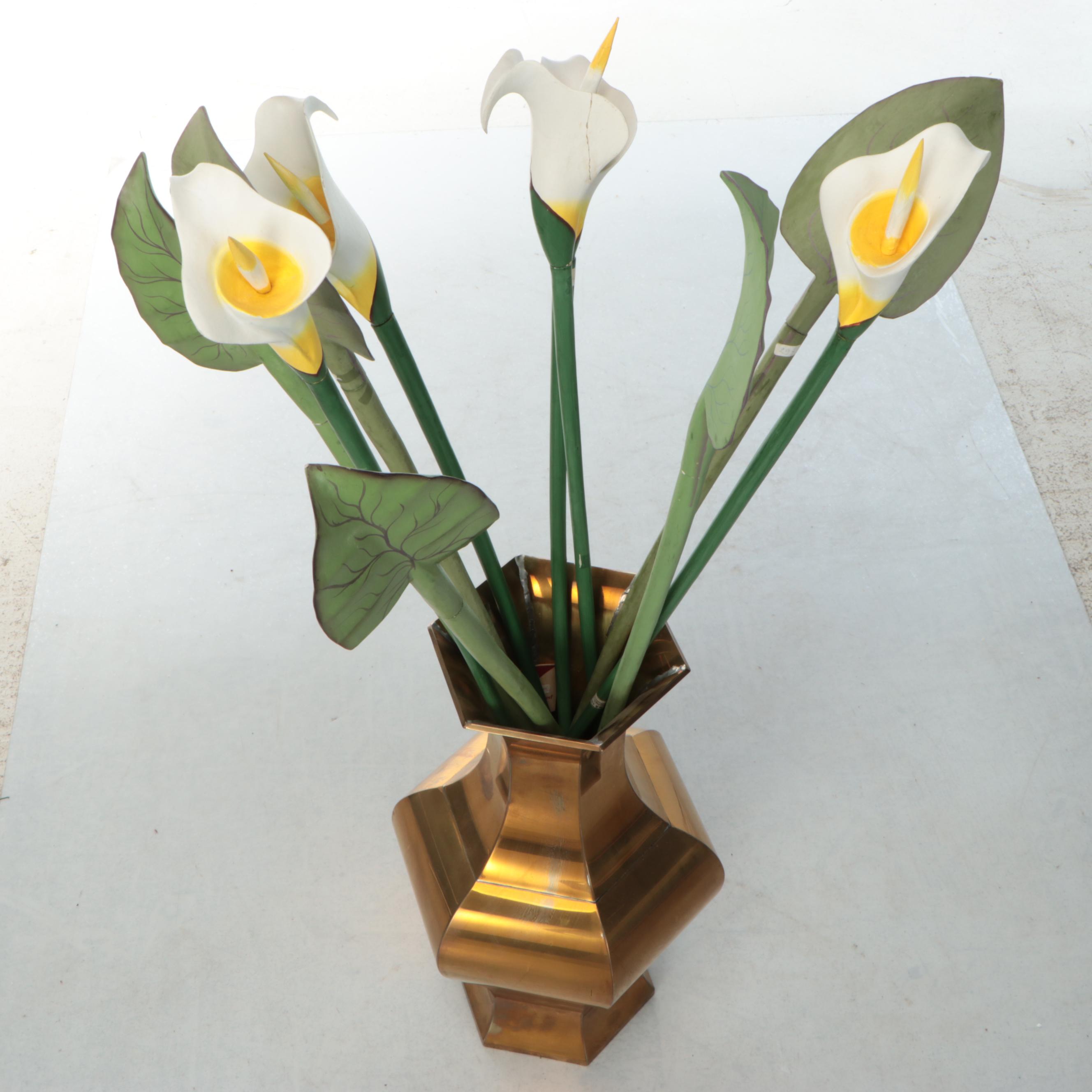 Polychrome Decorated Wood Calla Lilies and Leaves in Brass Vase