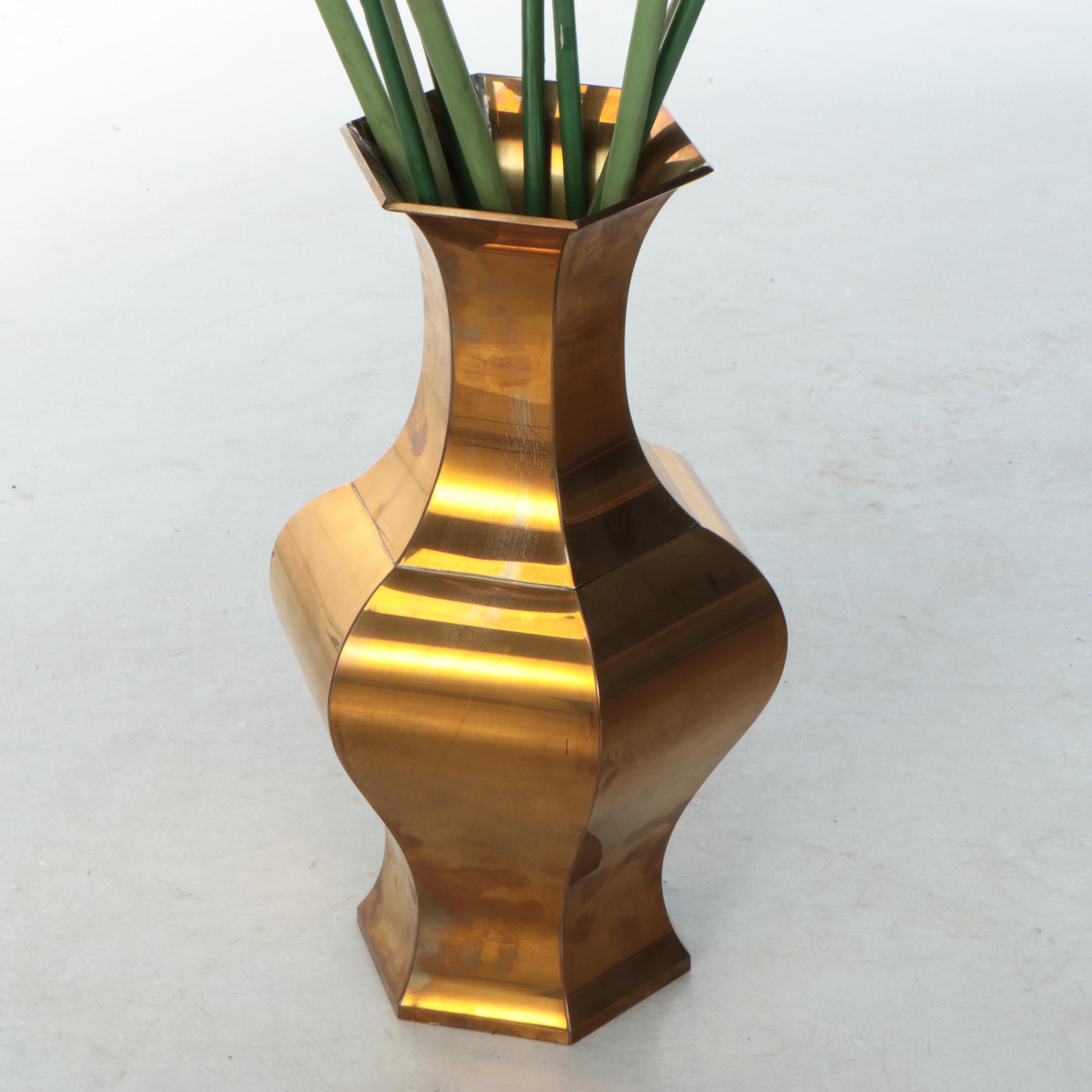 Polychrome Decorated Wood Calla Lilies and Leaves in Brass Vase