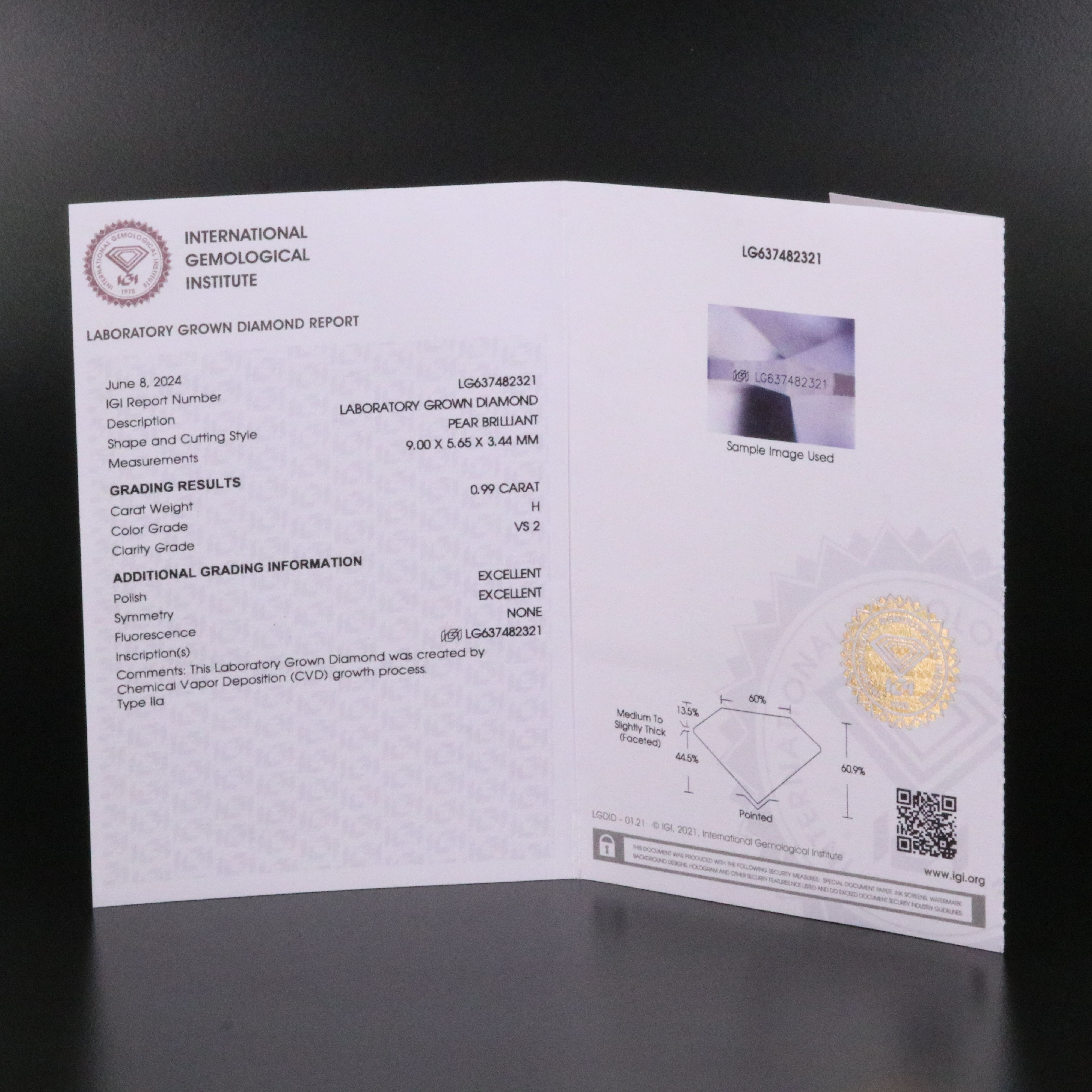 Loose 0.99 CT Lab Grown Diamond with IGI Report