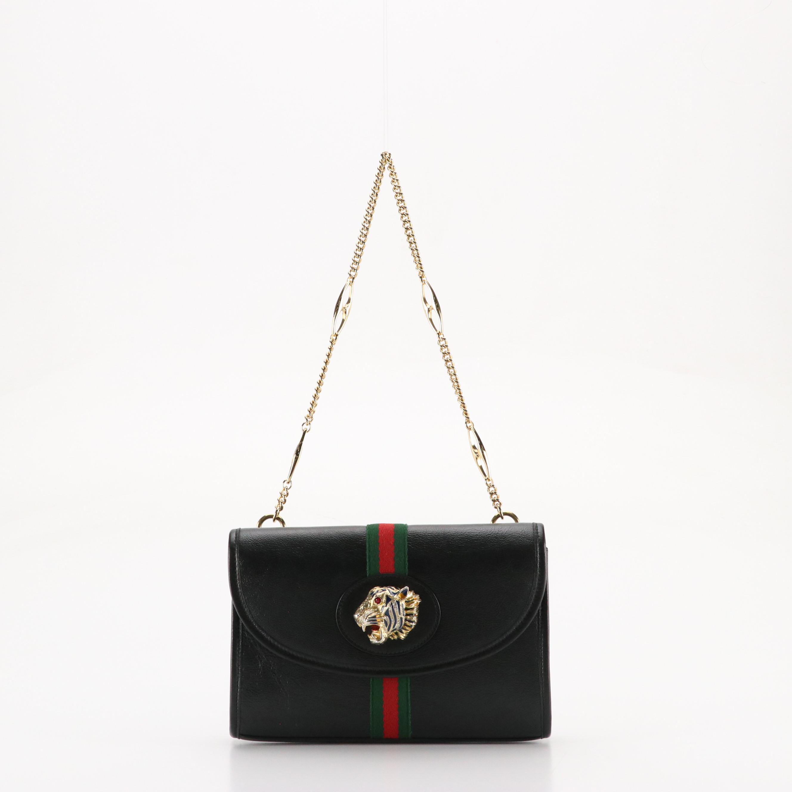 Gucci Small Front Flap Rajah and Web Stripe Shoulder Bag in Black Leather