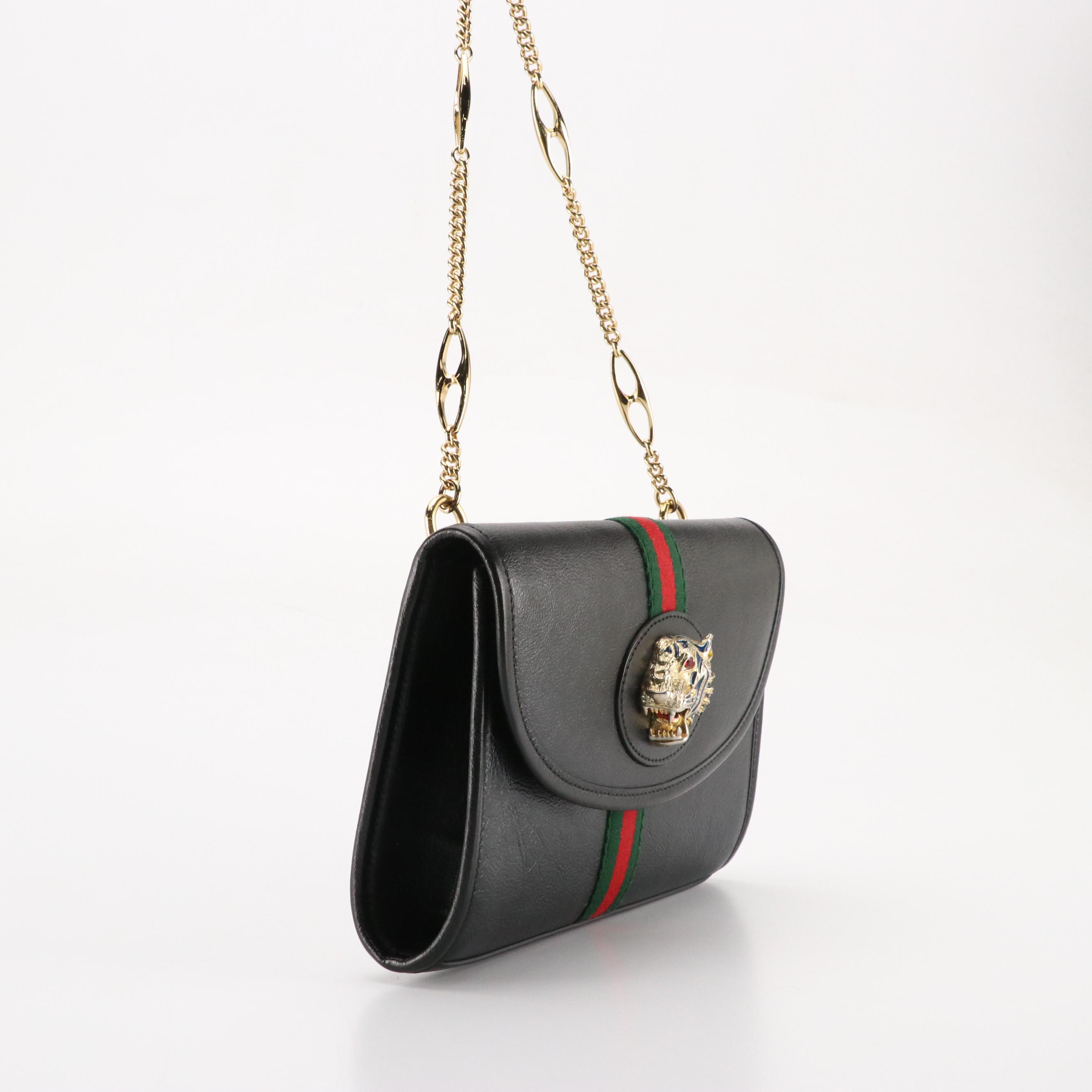 Gucci Small Front Flap Rajah and Web Stripe Shoulder Bag in Black Leather
