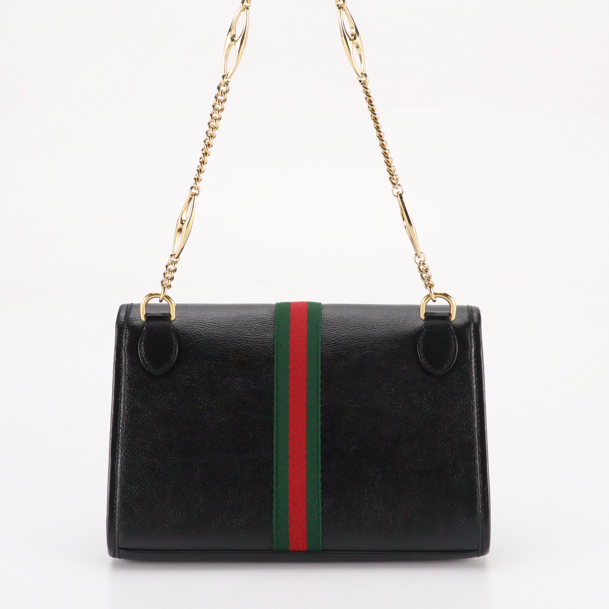 Gucci Small Front Flap Rajah and Web Stripe Shoulder Bag in Black Leather