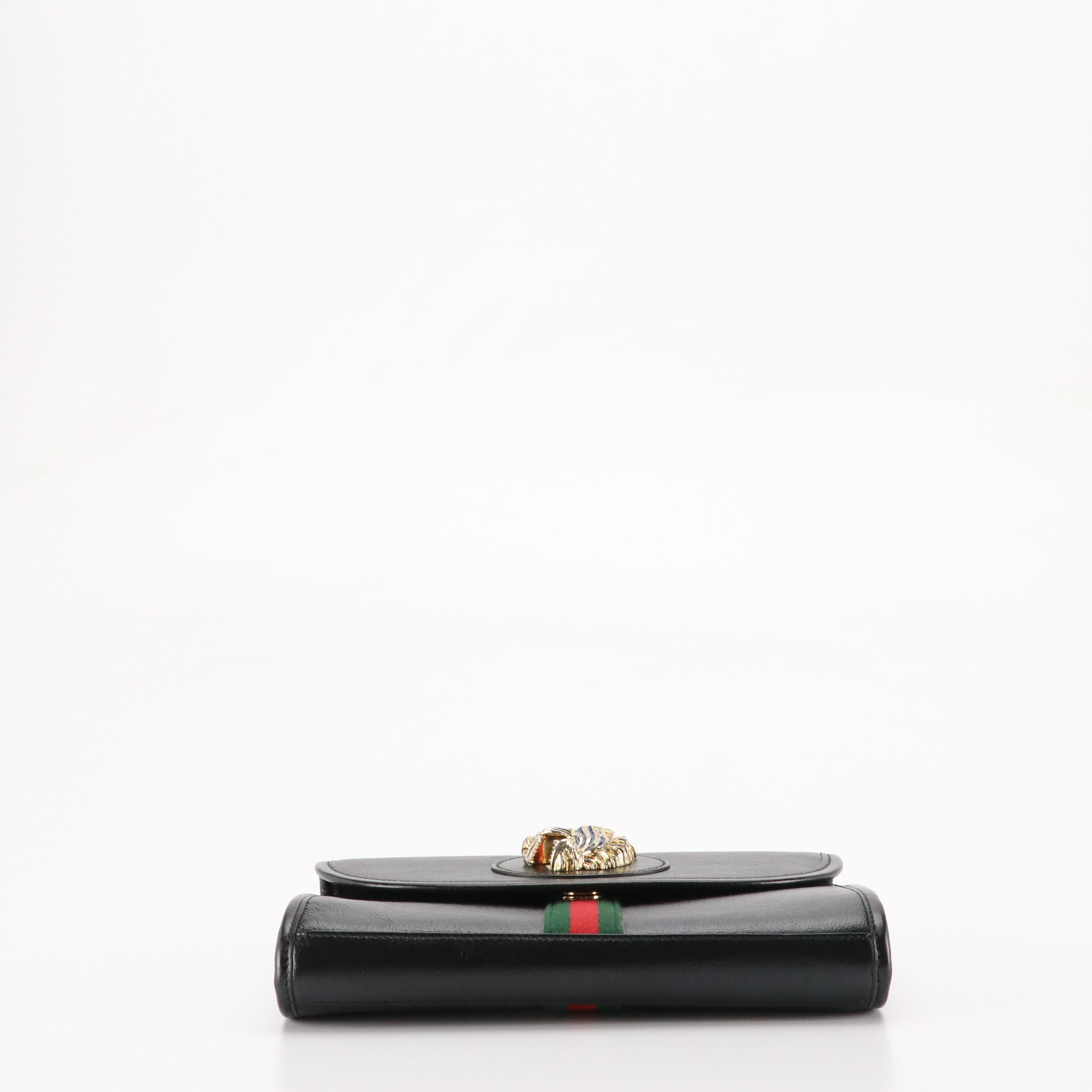 Gucci Small Front Flap Rajah and Web Stripe Shoulder Bag in Black Leather