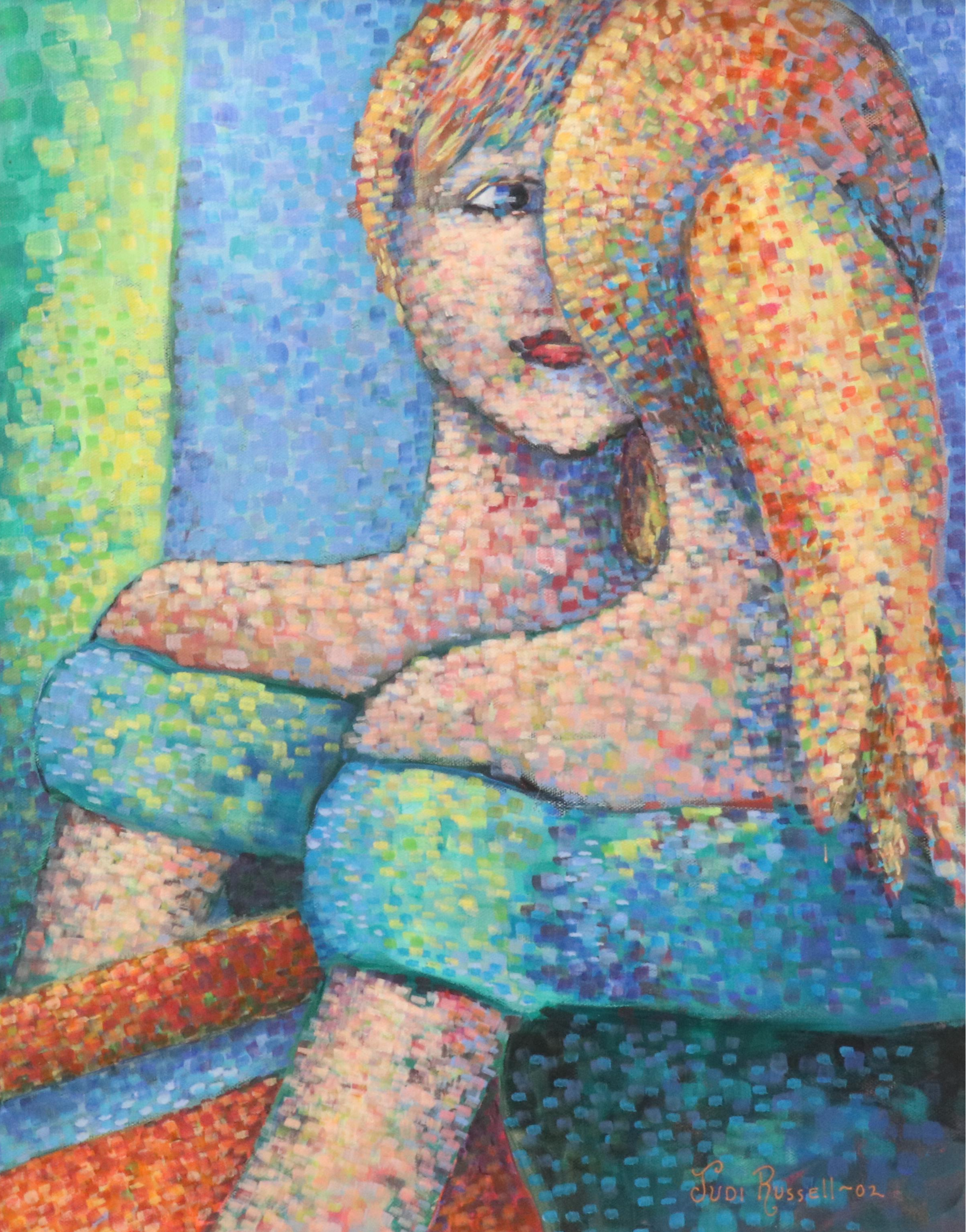 Judi Russell Pointillist Acrylic Portrait Painting with Reflection, 2002