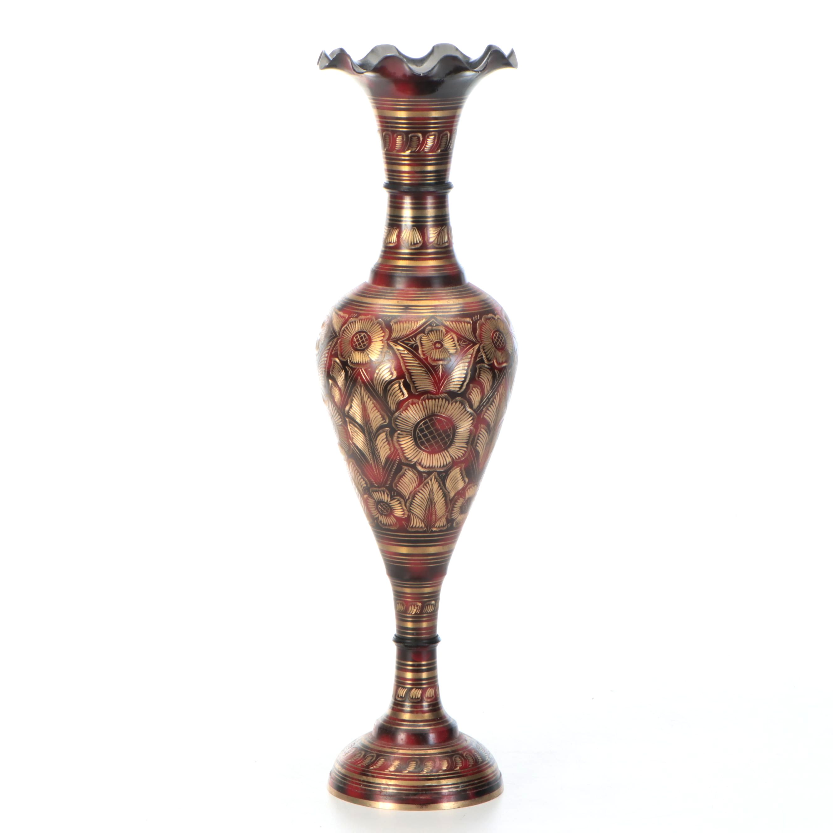 Indian Hand-Chased Brass and Enameled Vase