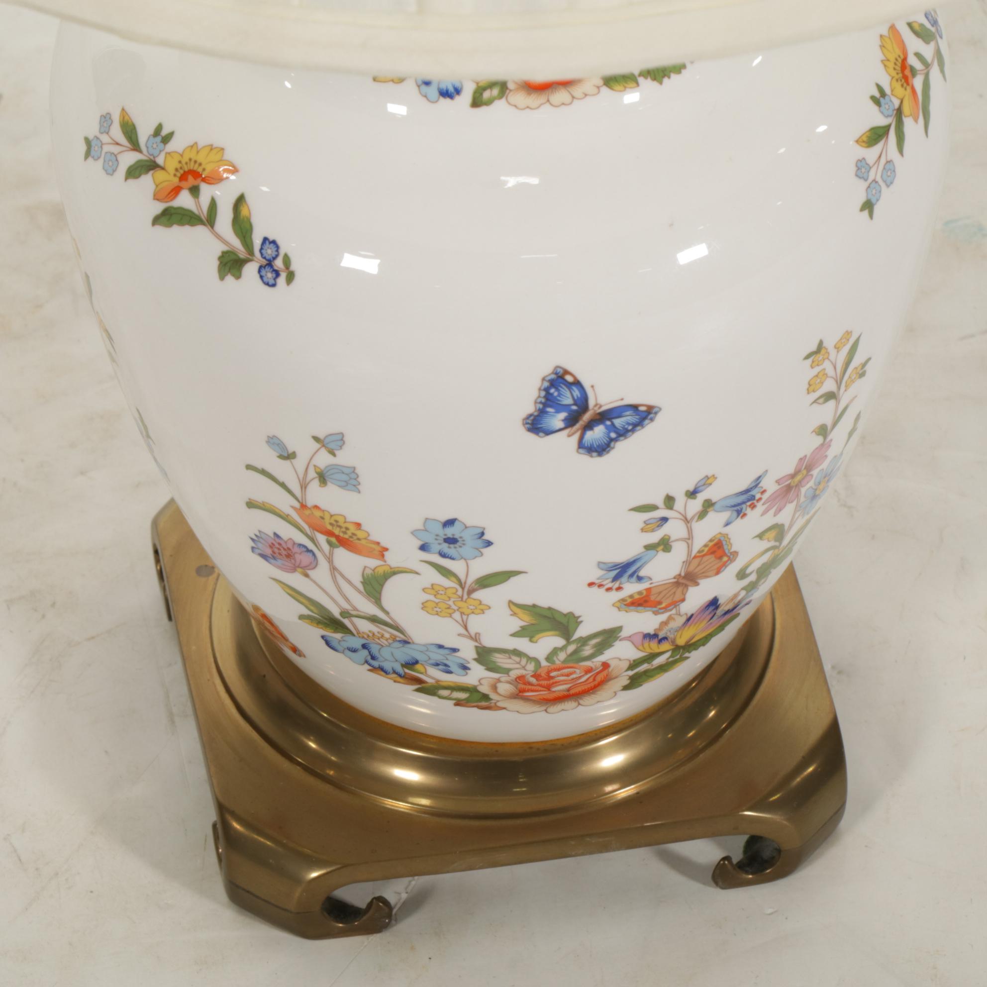 Chinese Porcelain Vase with Brass Base Table Lamp with Wide Pleat Shades