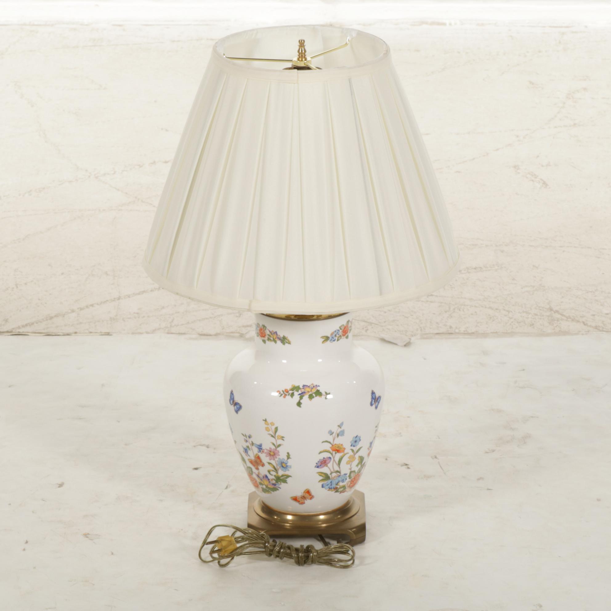 Chinese Porcelain Vase with Brass Base Table Lamp with Wide Pleat Shades