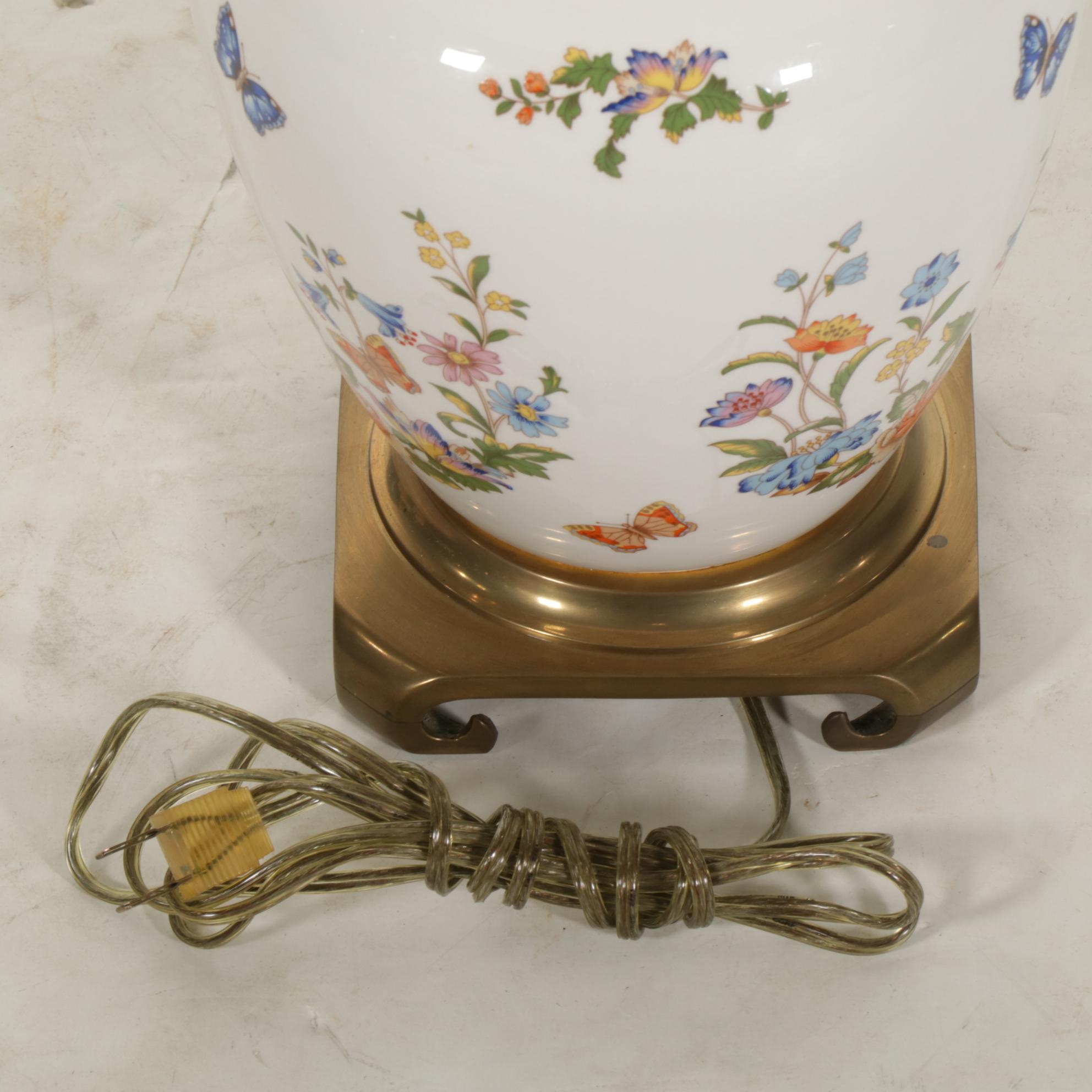 Chinese Porcelain Vase with Brass Base Table Lamp with Wide Pleat Shades