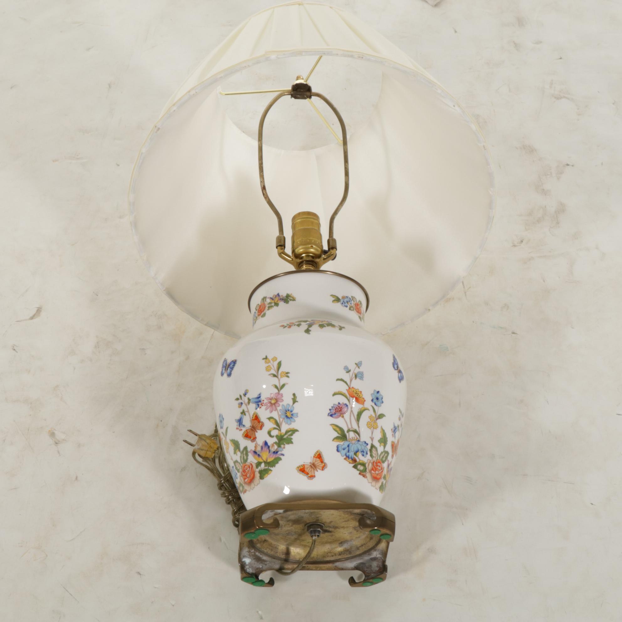 Chinese Porcelain Vase with Brass Base Table Lamp with Wide Pleat Shades