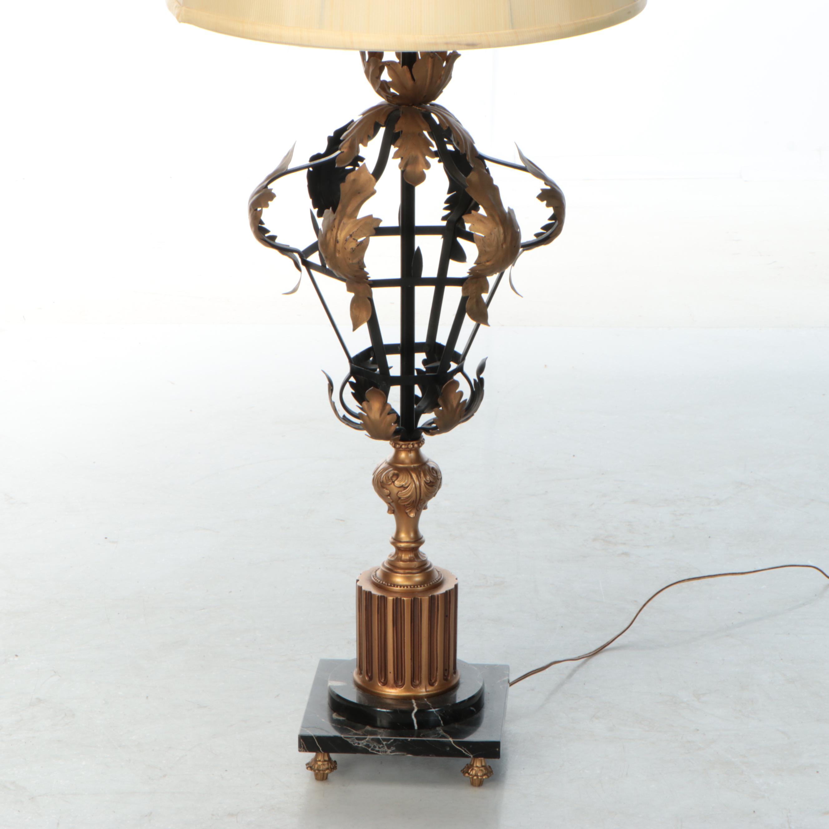 Hollywood Regency Style Matte Gold and Marble Table Lamp with Silk Drum Shade