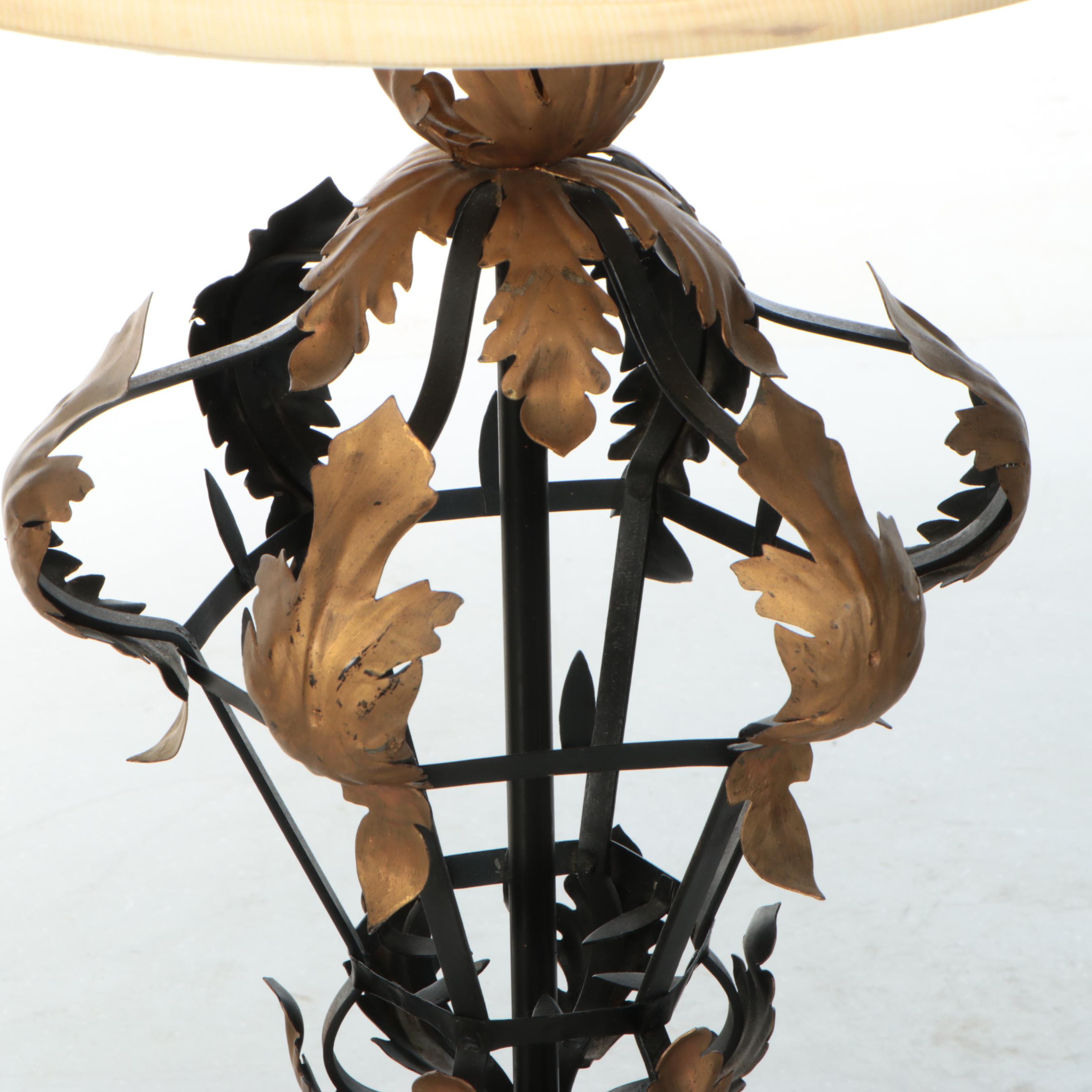 Hollywood Regency Style Matte Gold and Marble Table Lamp with Silk Drum Shade