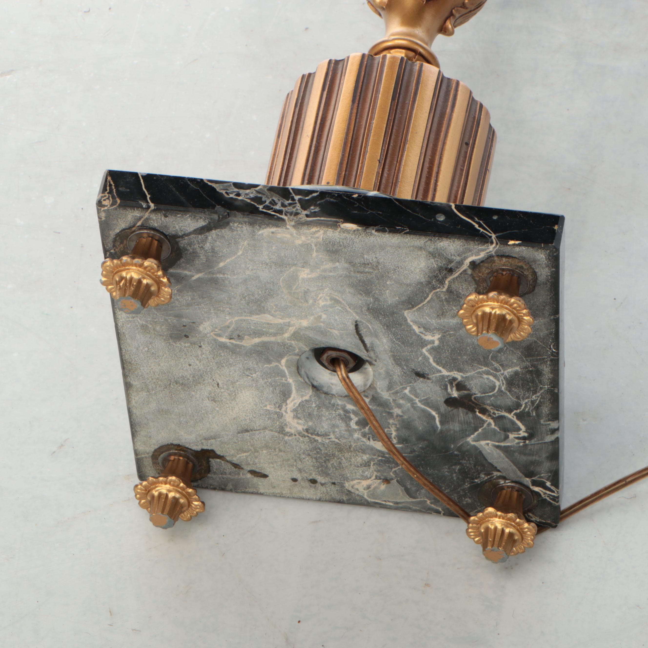 Hollywood Regency Style Matte Gold and Marble Table Lamp with Silk Drum Shade