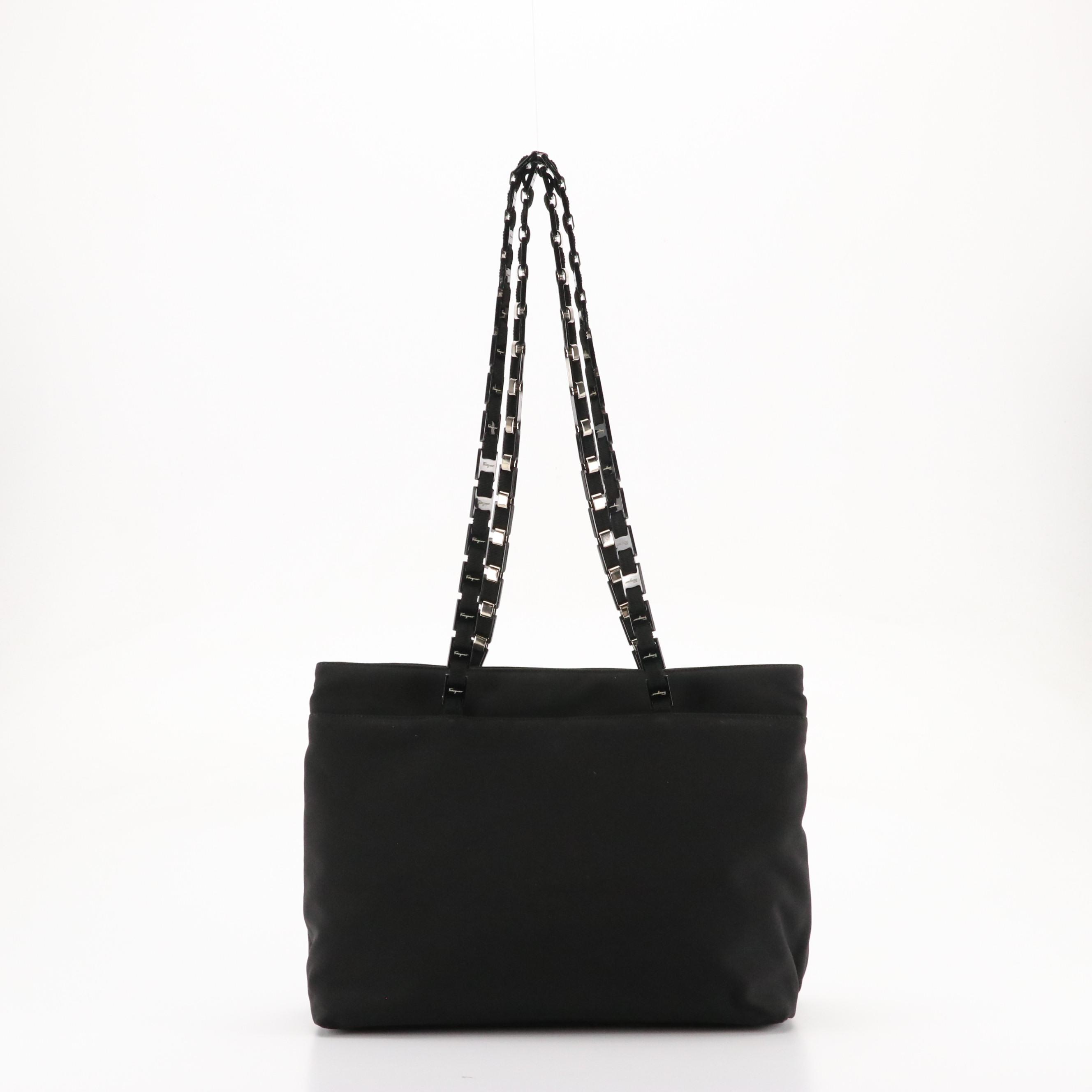 Salvatore Ferragamo Vara Chain Tote in Black Nylon Canvas