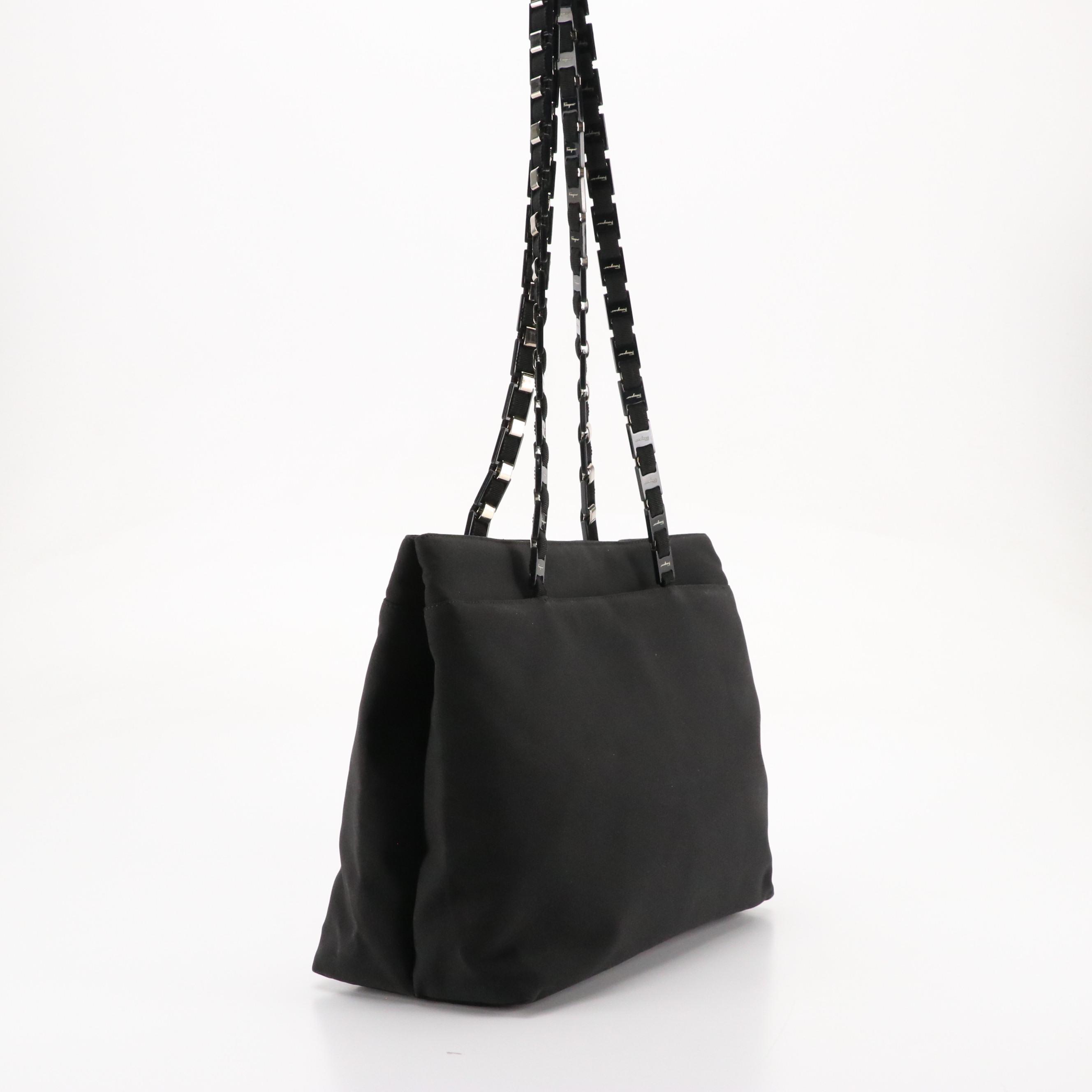 Salvatore Ferragamo Vara Chain Tote in Black Nylon Canvas
