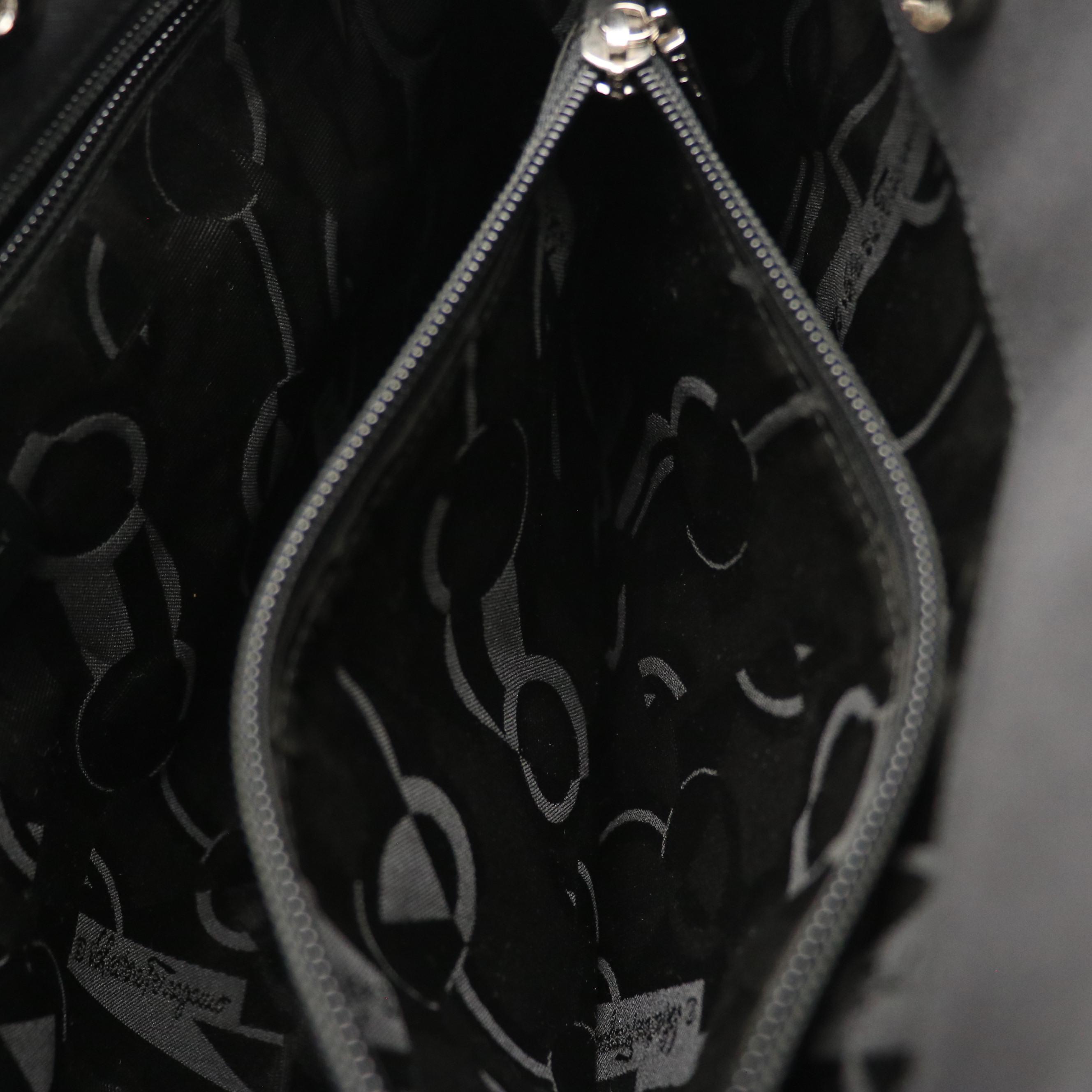 Salvatore Ferragamo Vara Chain Tote in Black Nylon Canvas