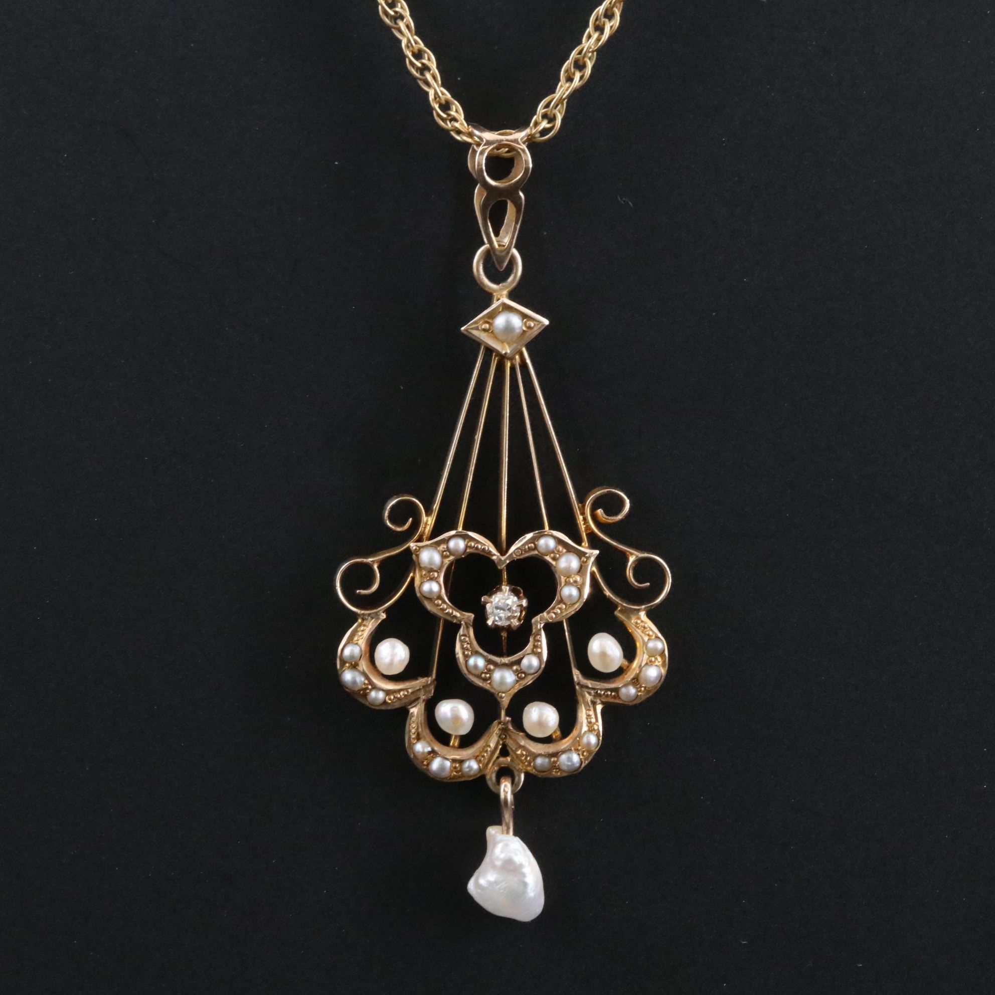 Antique 10K Diamond and Pearl Pendant on a Gold-Filled Chain