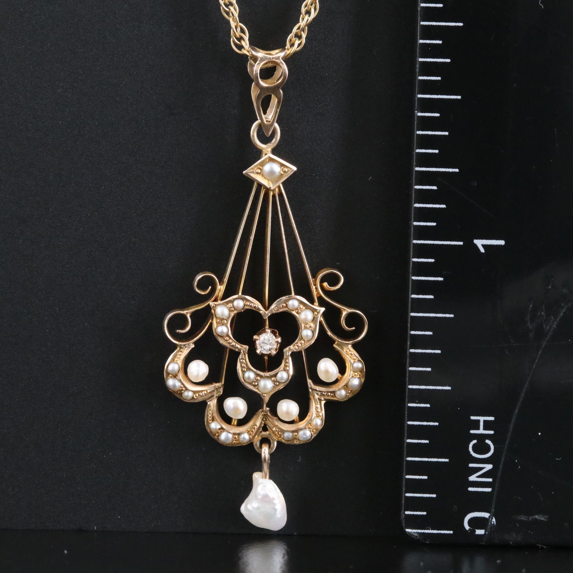 Antique 10K Diamond and Pearl Pendant on a Gold-Filled Chain