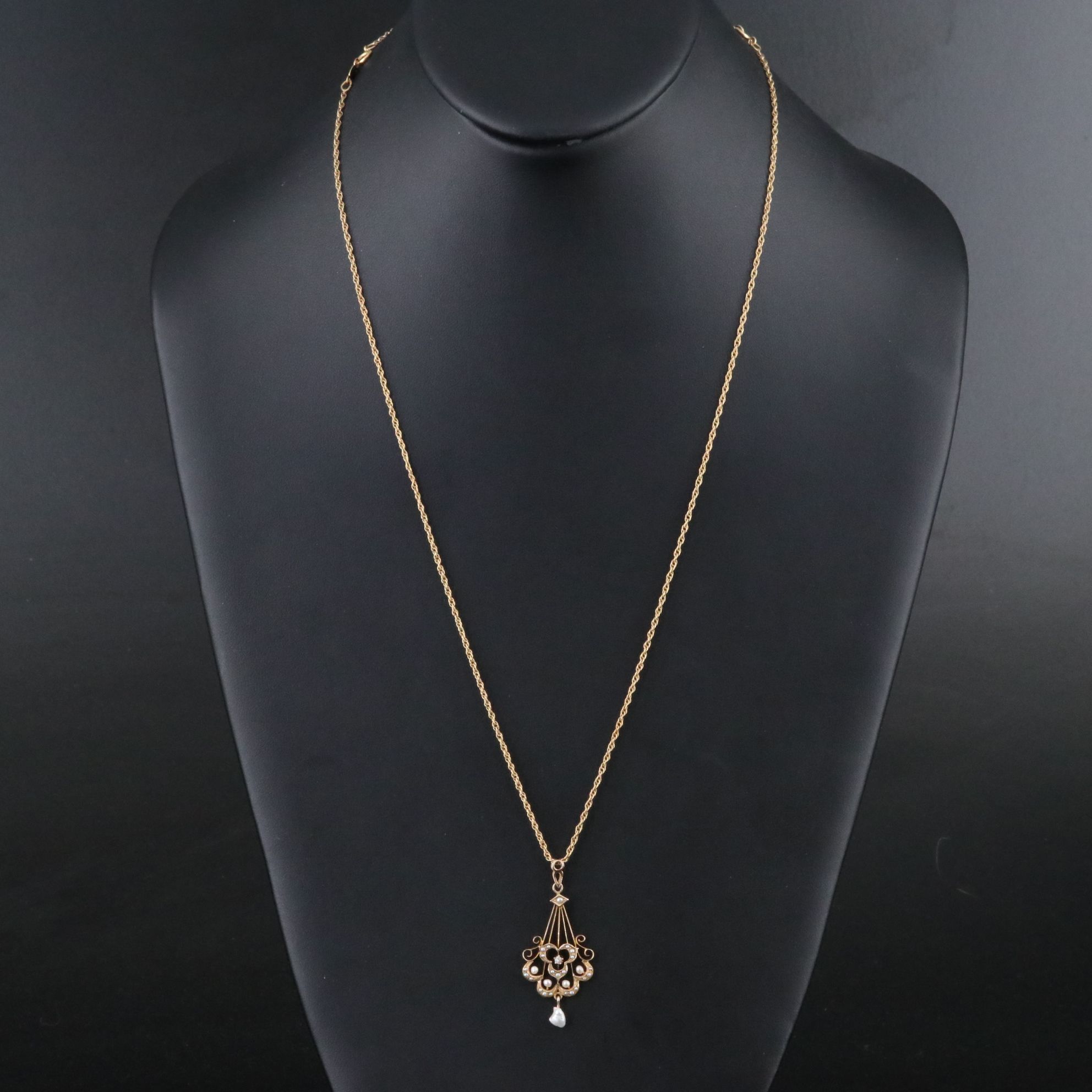Antique 10K Diamond and Pearl Pendant on a Gold-Filled Chain