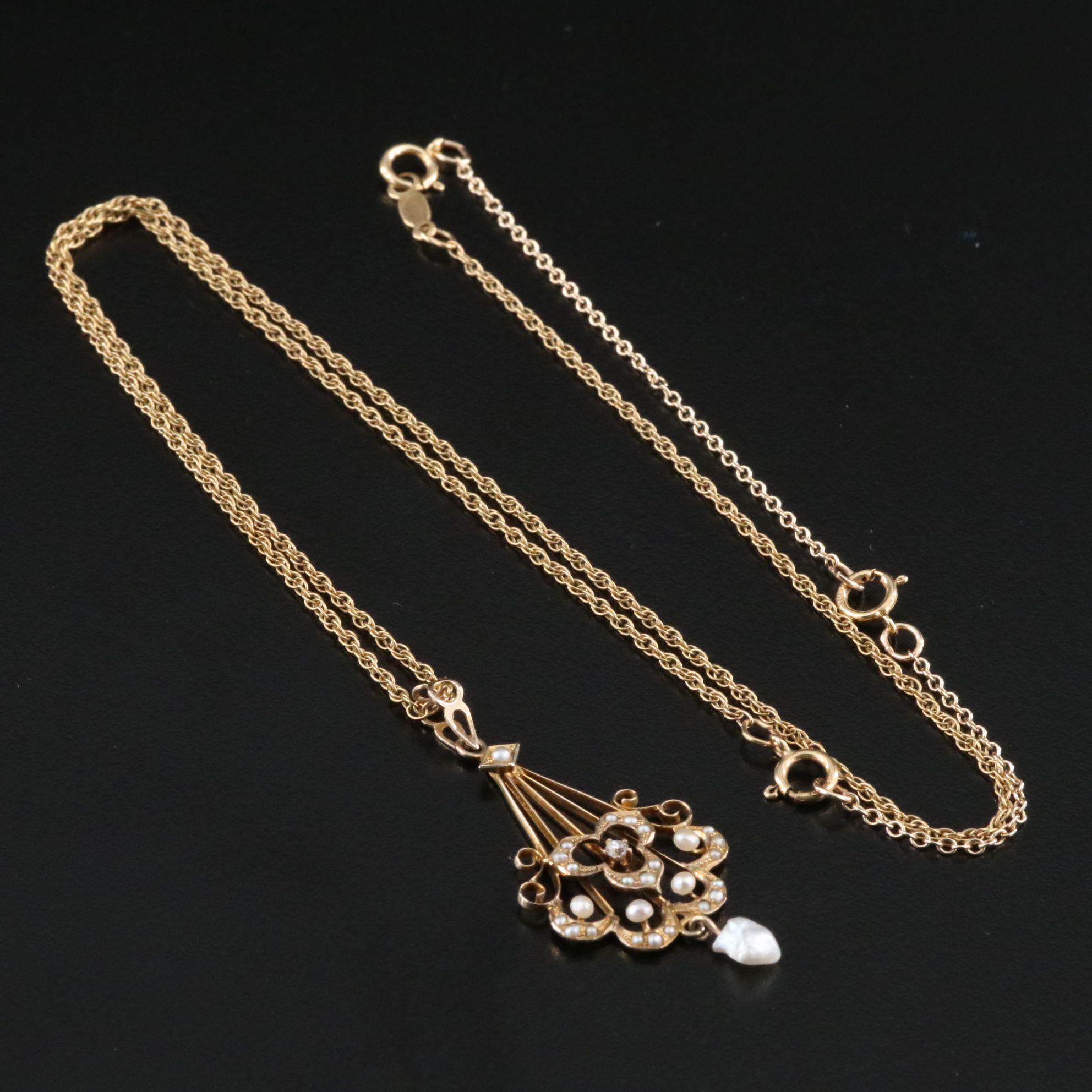 Antique 10K Diamond and Pearl Pendant on a Gold-Filled Chain