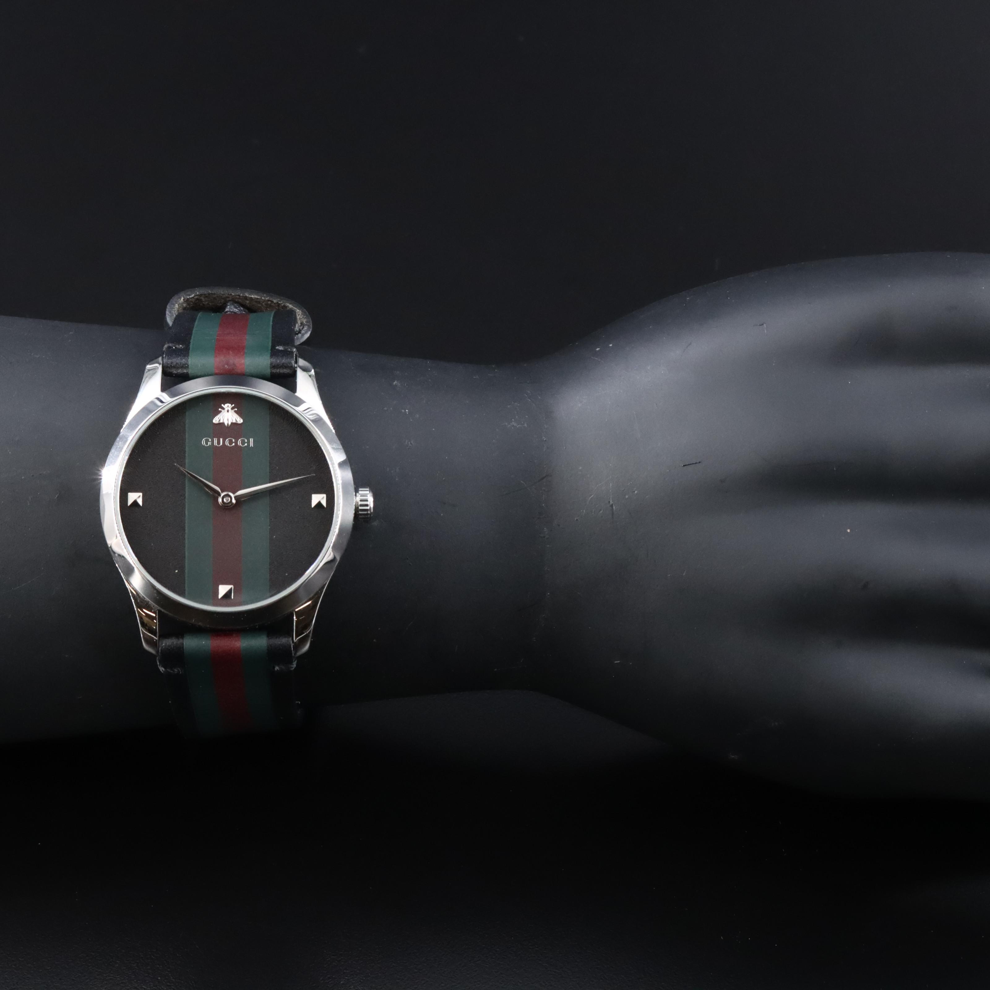 Gucci G-Timeless Red and Green Striped Bee Dial Watch