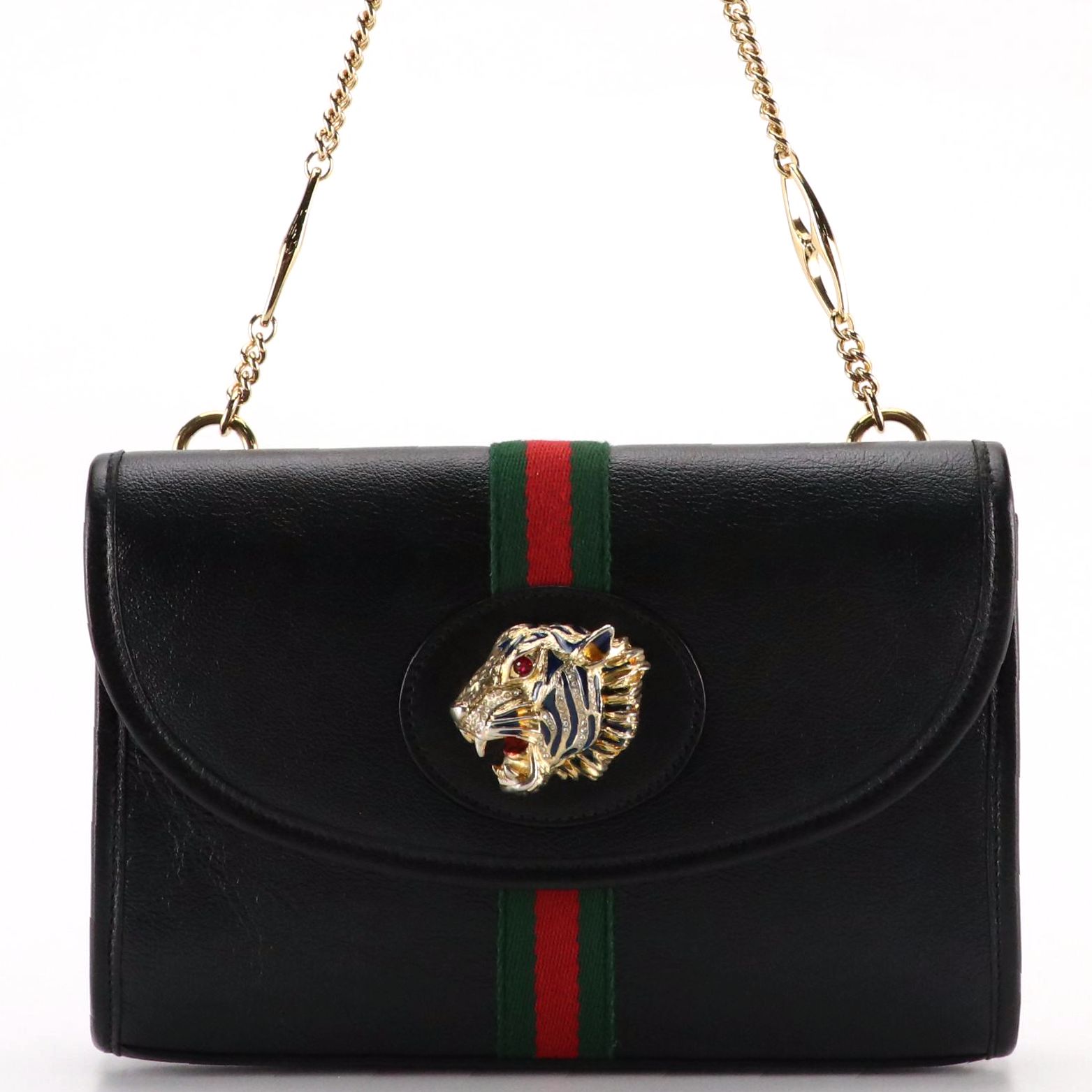 Gucci Small Front Flap Rajah and Web Stripe Shoulder Bag in Black Leather