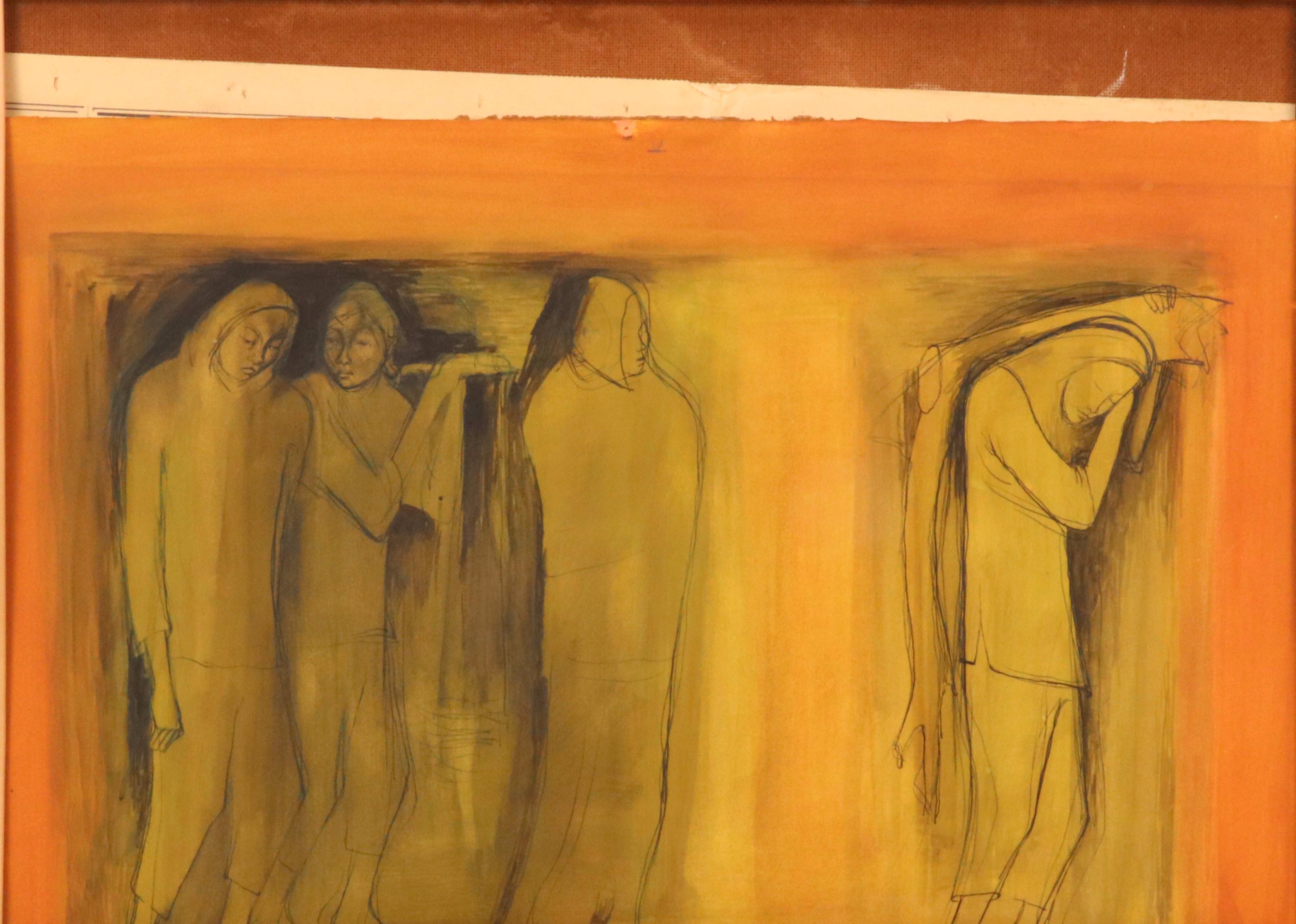 Mid Century Modern Mixed Media Drawing of Figures, 1960