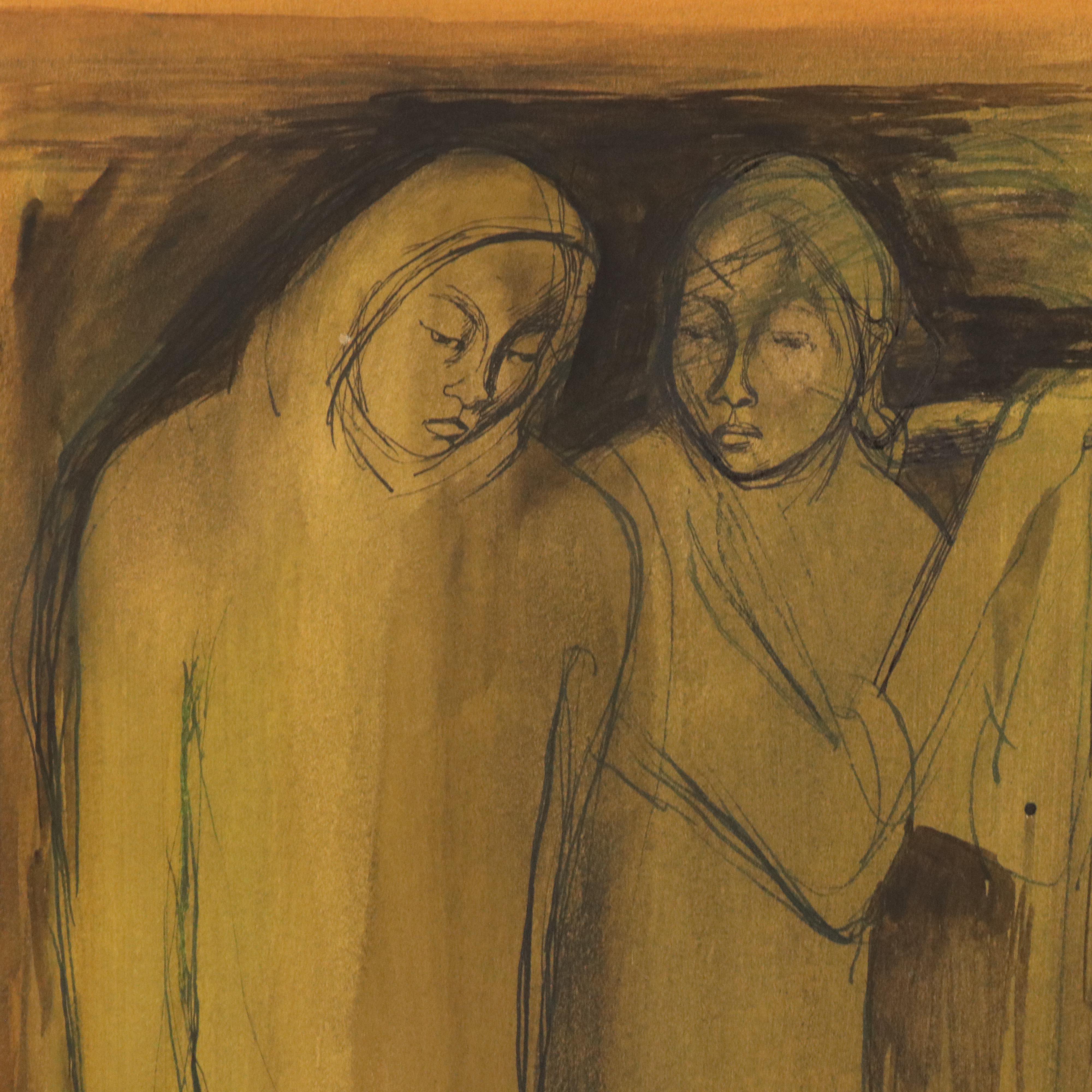 Mid Century Modern Mixed Media Drawing of Figures, 1960