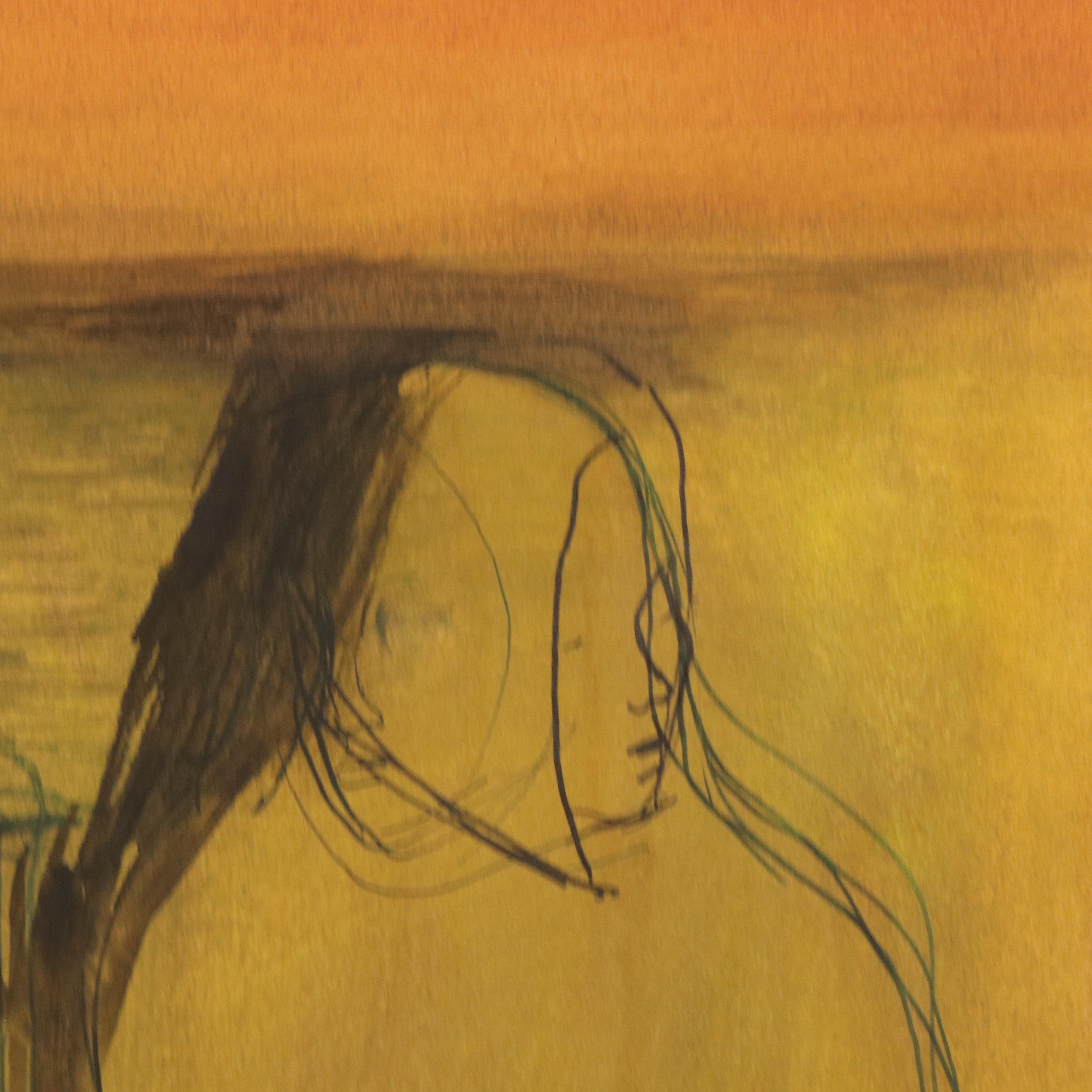 Mid Century Modern Mixed Media Drawing of Figures, 1960