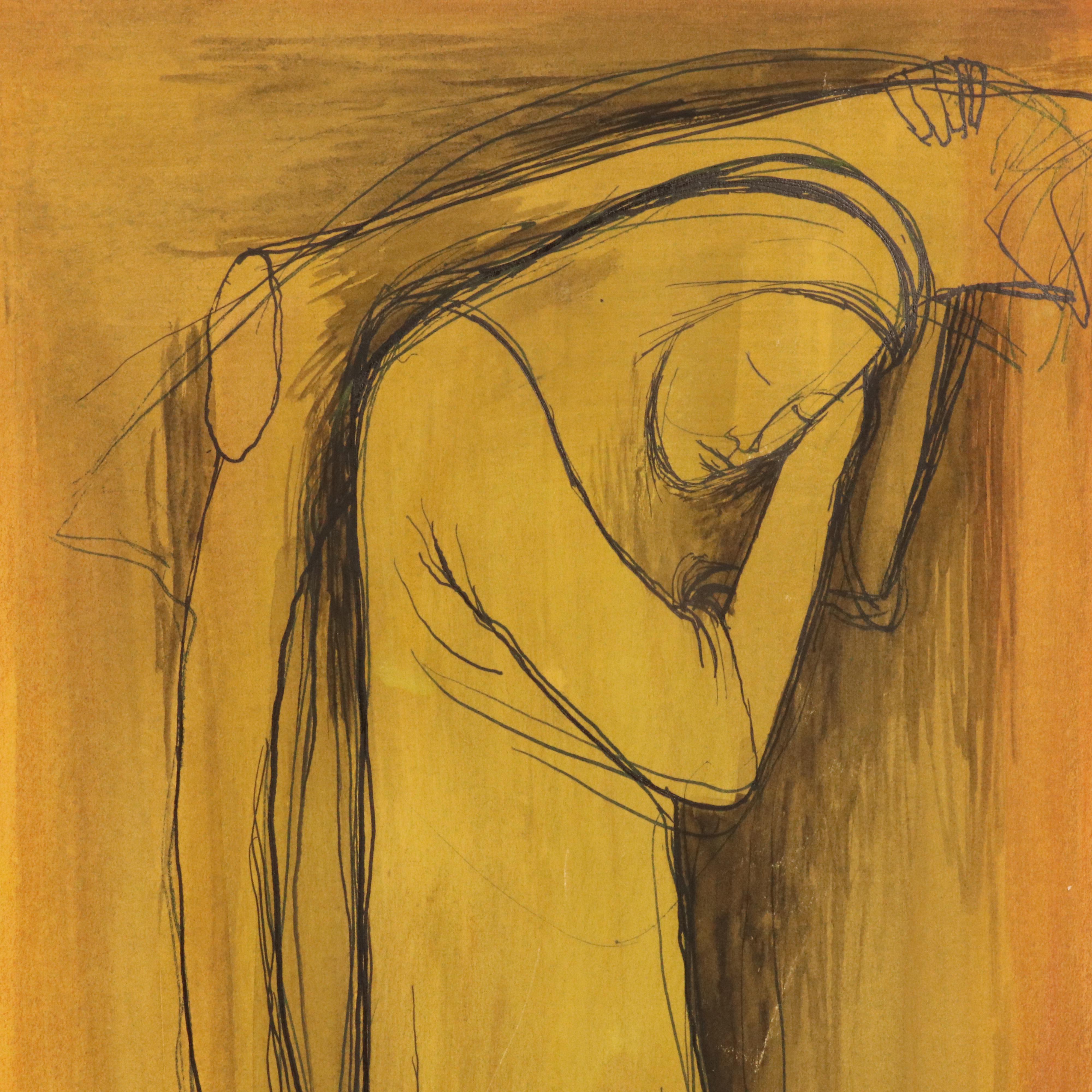 Mid Century Modern Mixed Media Drawing of Figures, 1960