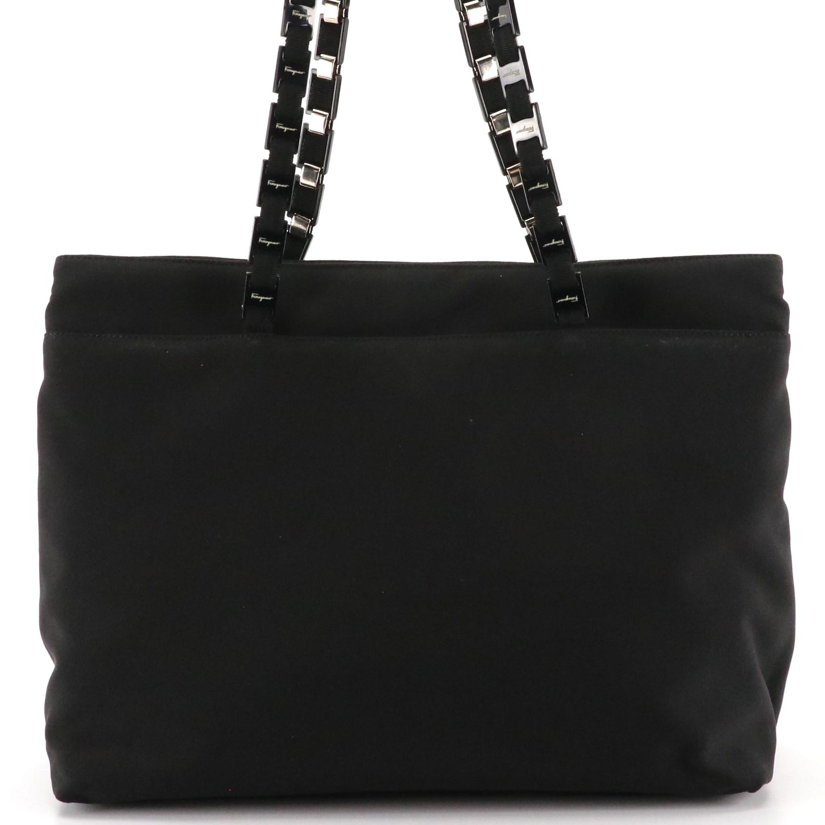 Salvatore Ferragamo Vara Chain Tote in Black Nylon Canvas