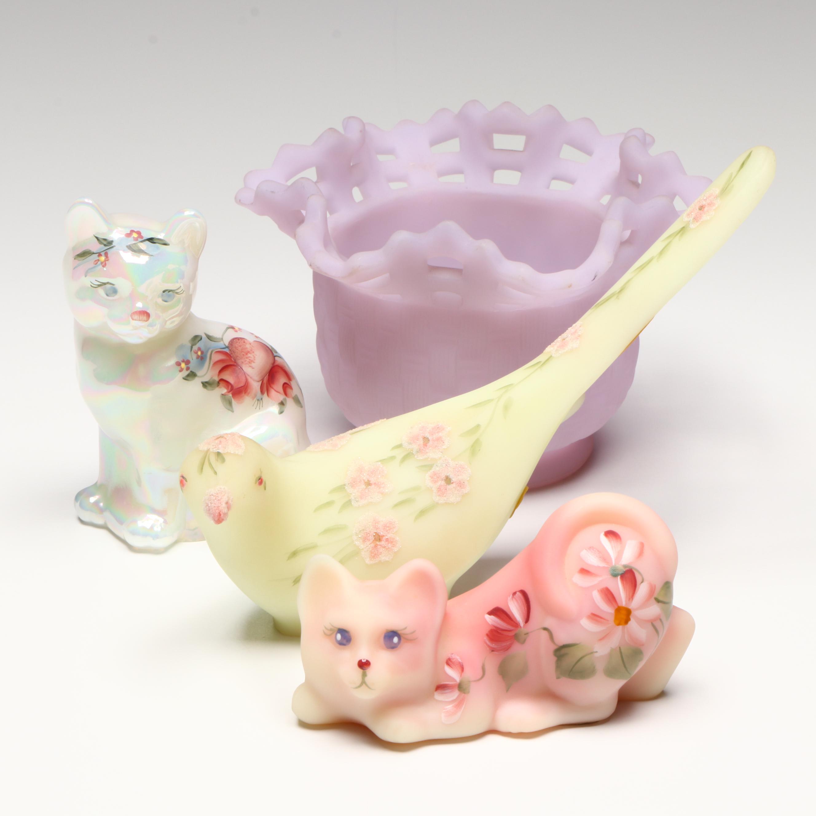 Fenton Hand-Painted Glass Cat and Birds with Lavender Bowl