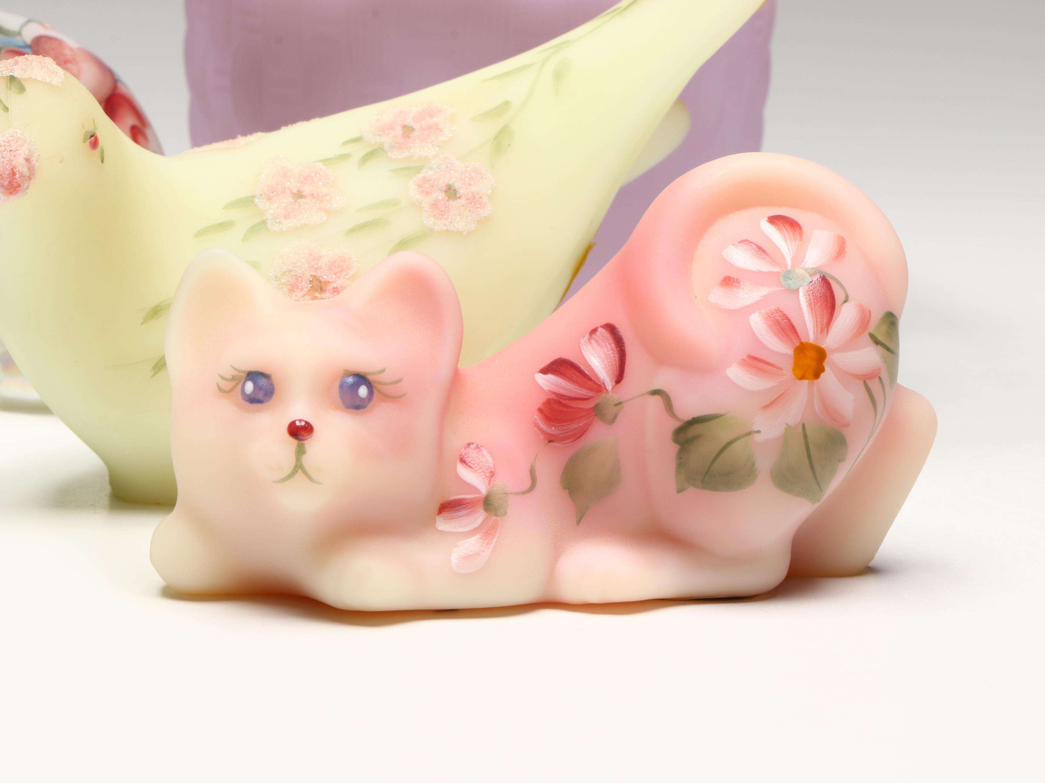Fenton Hand-Painted Glass Cat and Birds with Lavender Bowl