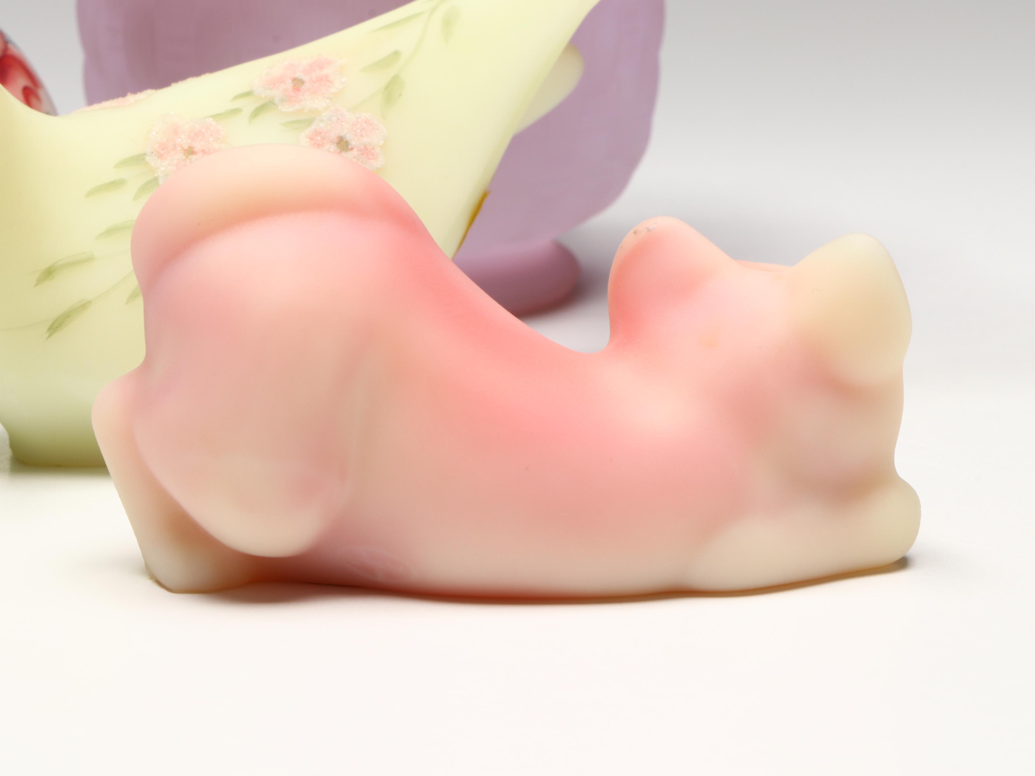 Fenton Hand-Painted Glass Cat and Birds with Lavender Bowl