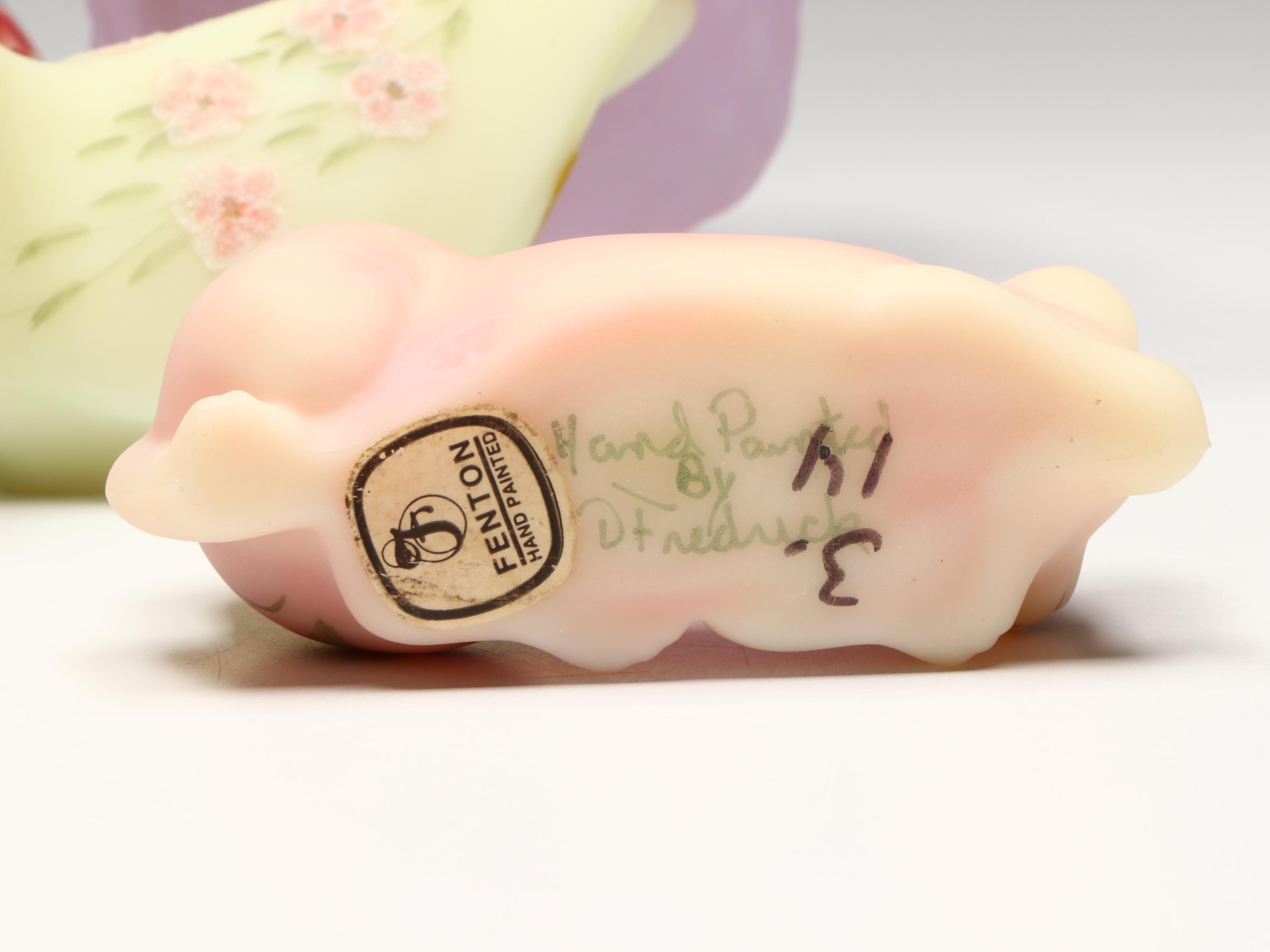 Fenton Hand-Painted Glass Cat and Birds with Lavender Bowl