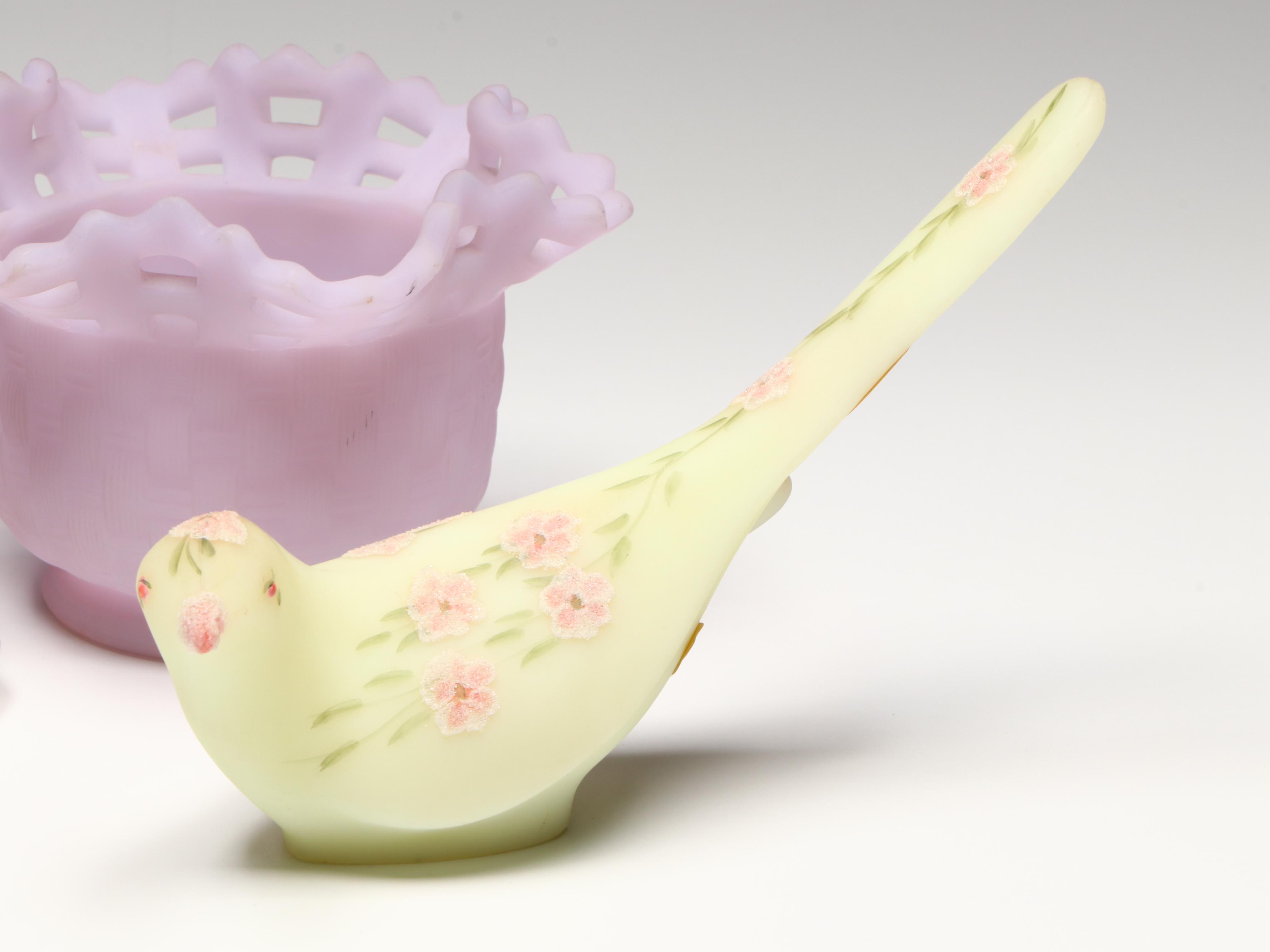 Fenton Hand-Painted Glass Cat and Birds with Lavender Bowl