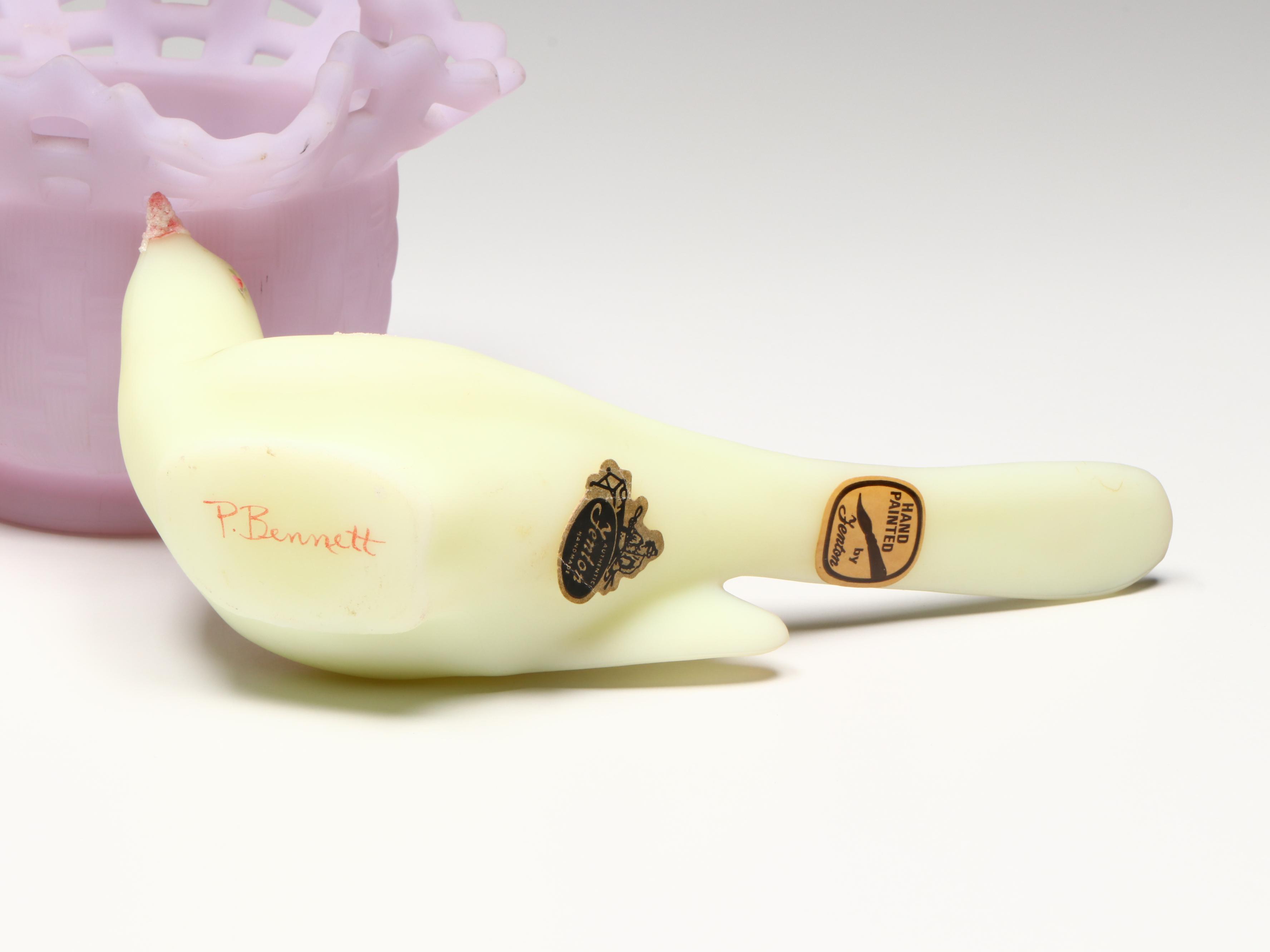 Fenton Hand-Painted Glass Cat and Birds with Lavender Bowl