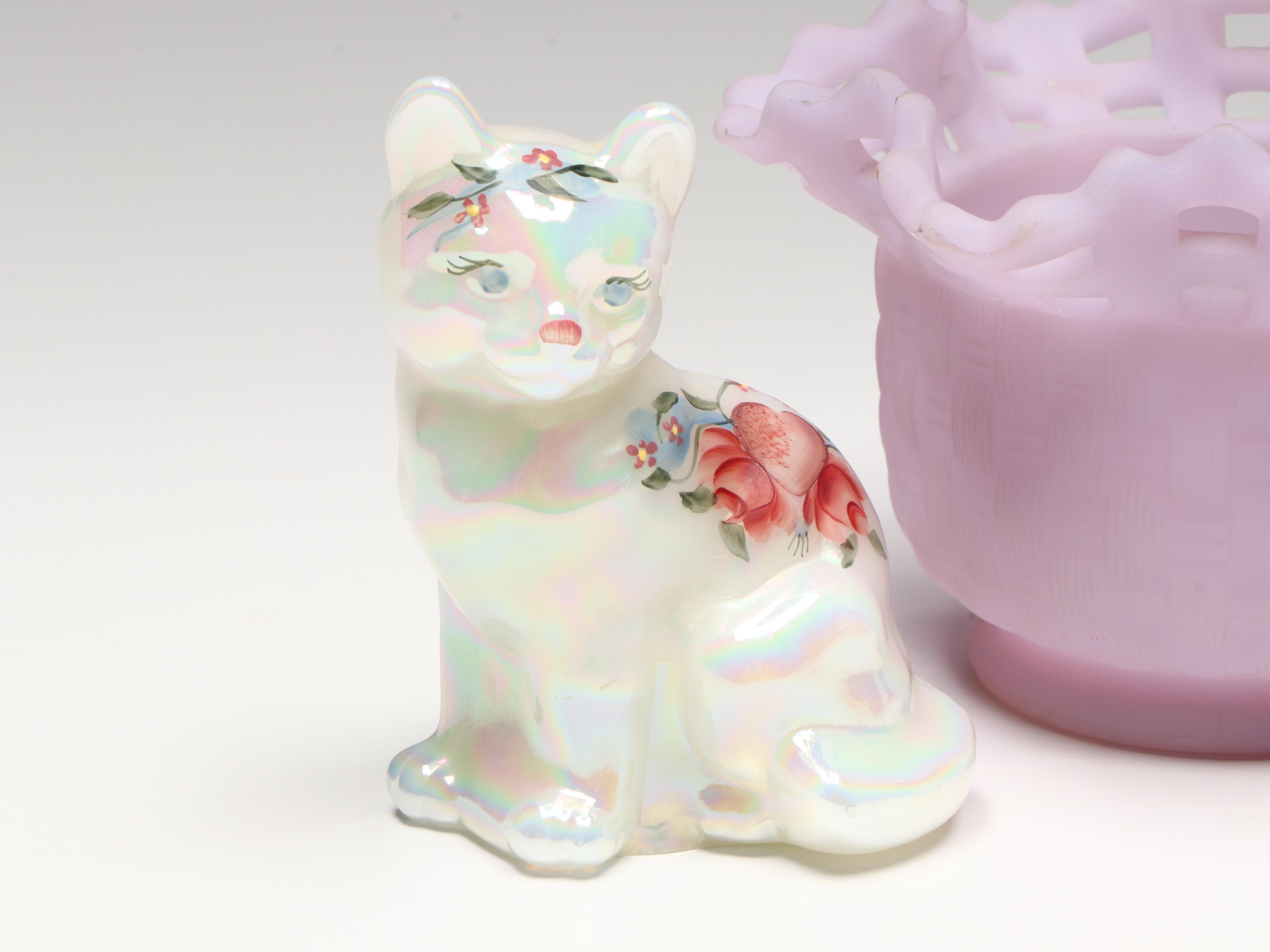 Fenton Hand-Painted Glass Cat and Birds with Lavender Bowl