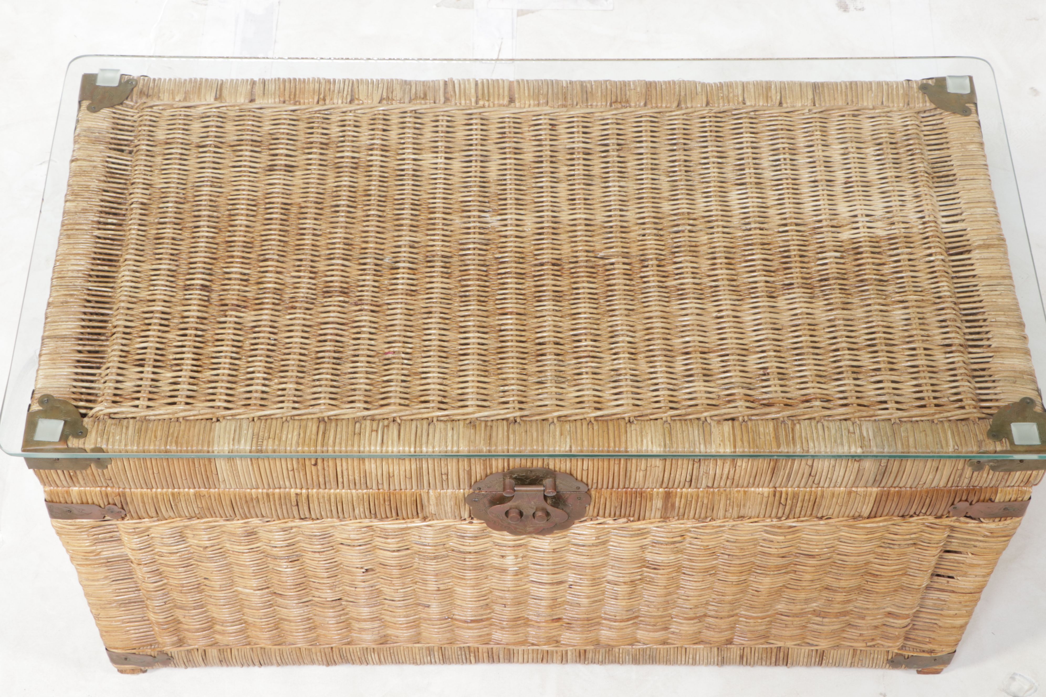 Chinese Style Brass Mounted Wicker Rattan Chest Coffee Table