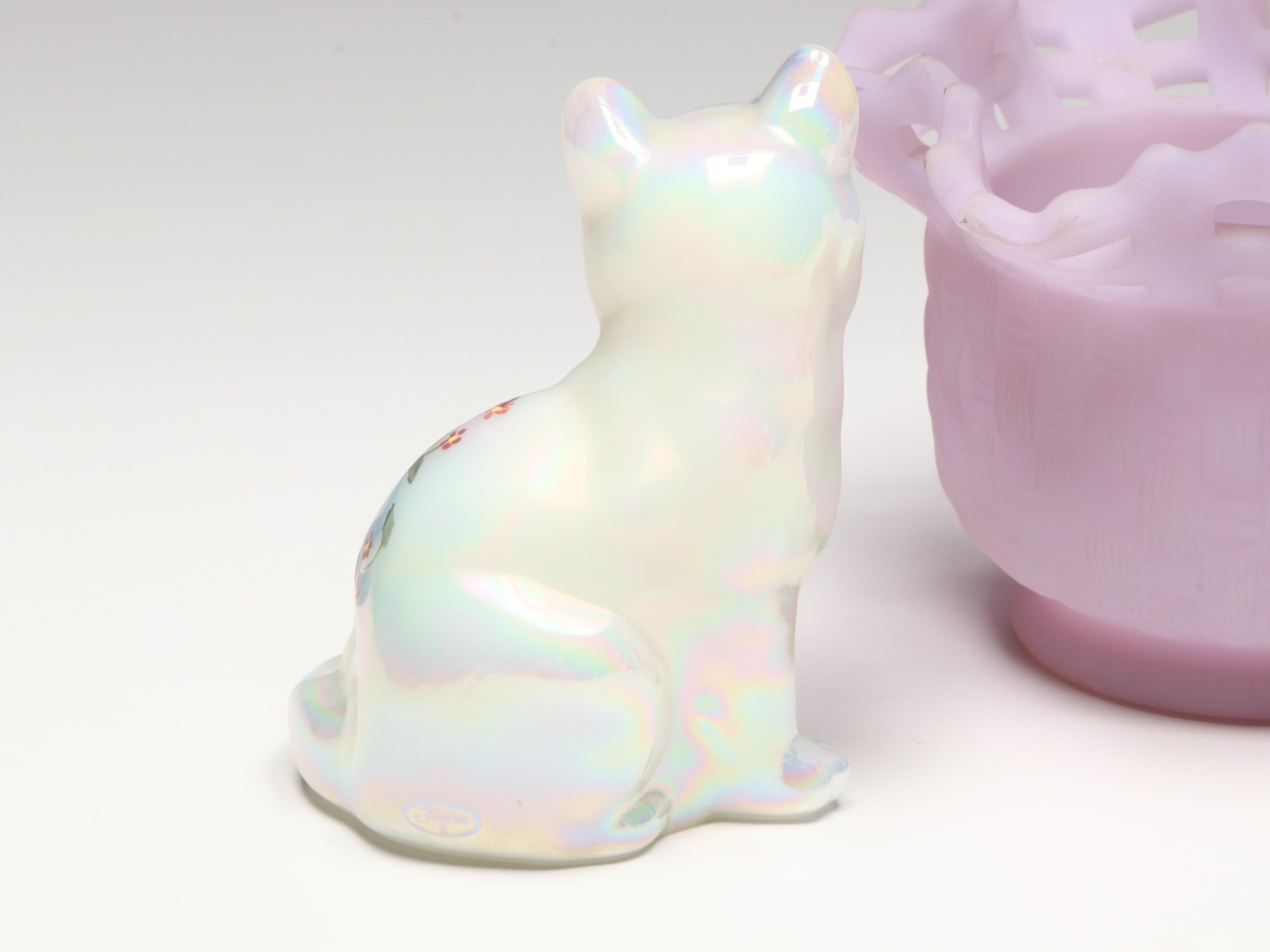 Fenton Hand-Painted Glass Cat and Birds with Lavender Bowl